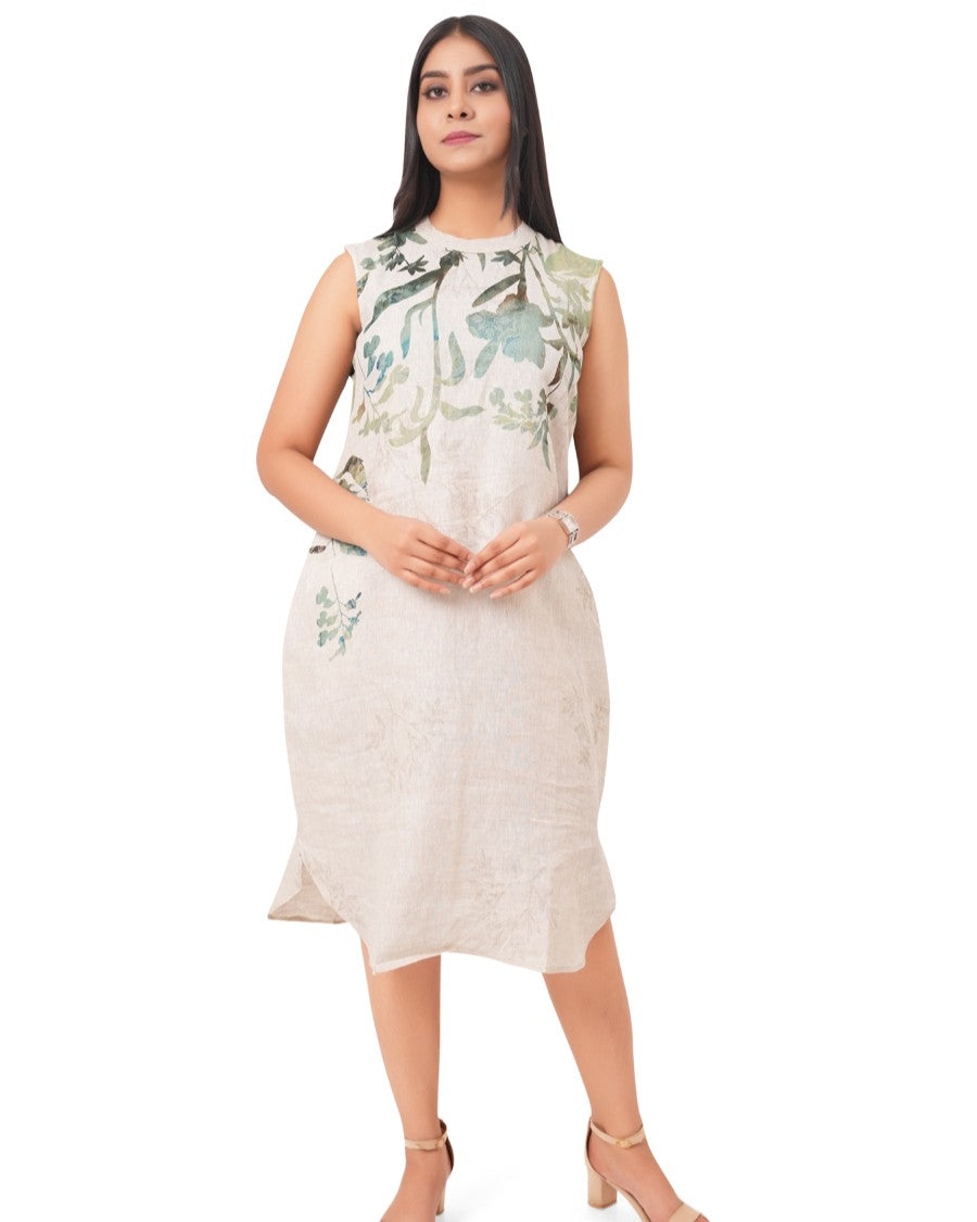 knee length dresses for ladies Printed Linen Sleeveless Dress