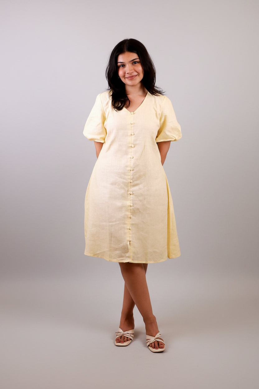 contrast-stitched linen dress butter yellow product info and reviews LinenLite Butter Yellow Transform Dress