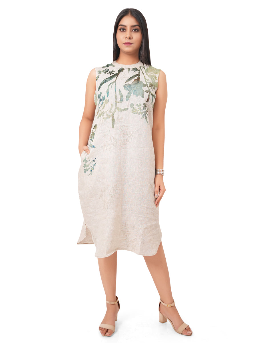 Botanical Print Pure Linen Shift Dress Sabr India