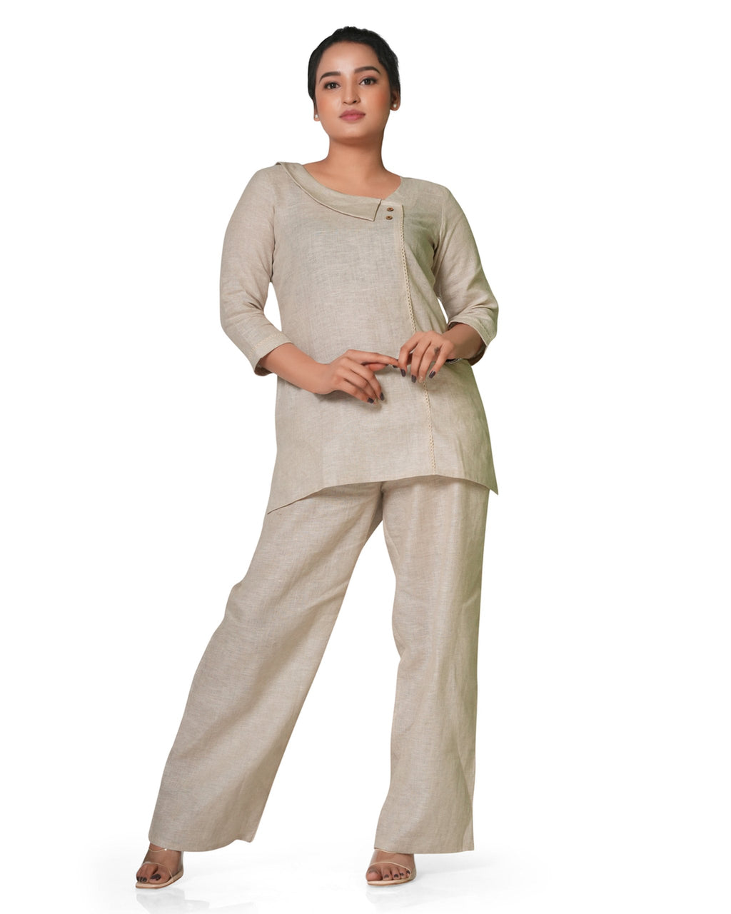 Asymmetric Neck Pure Linen Co-Ord Set in Beige 