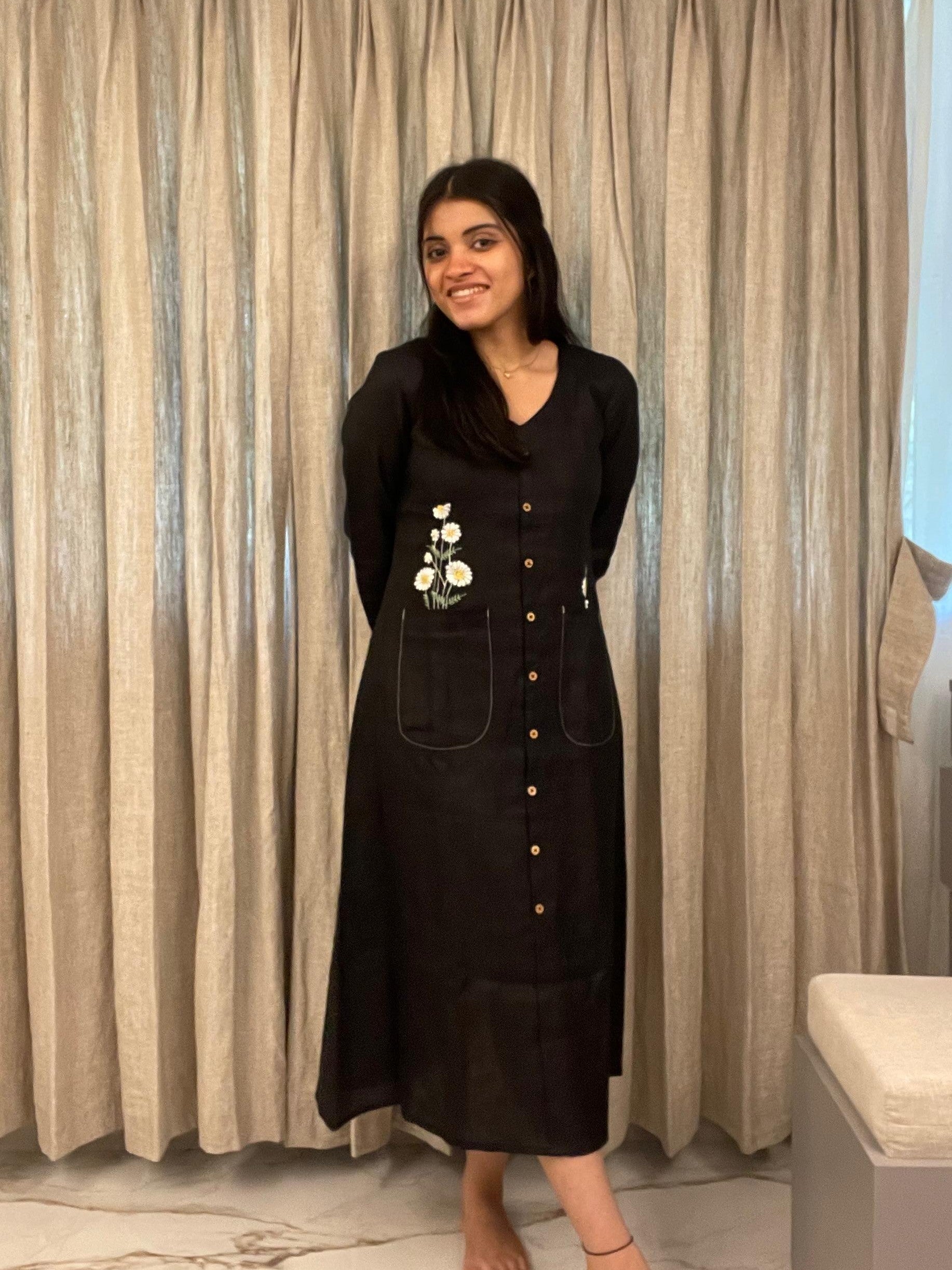 Embroidered Button-Down Linen Dress in Black Sabr India
