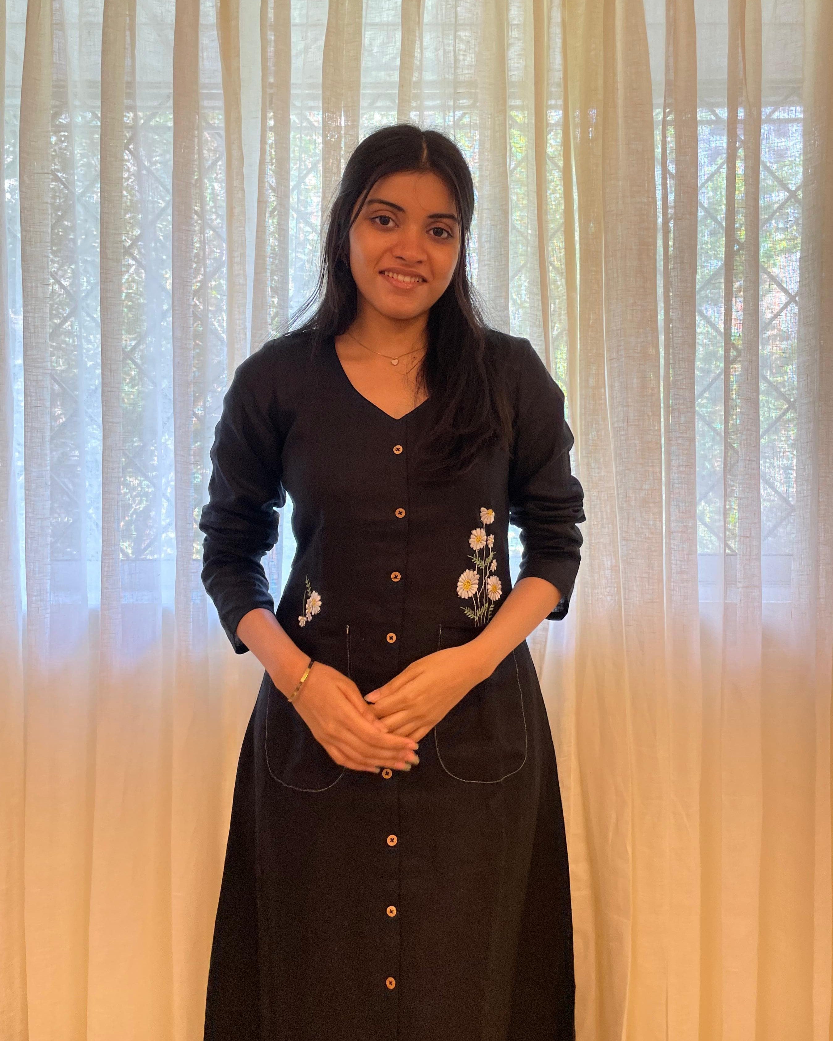 Embroidered Button-Down Linen Dress in Black 