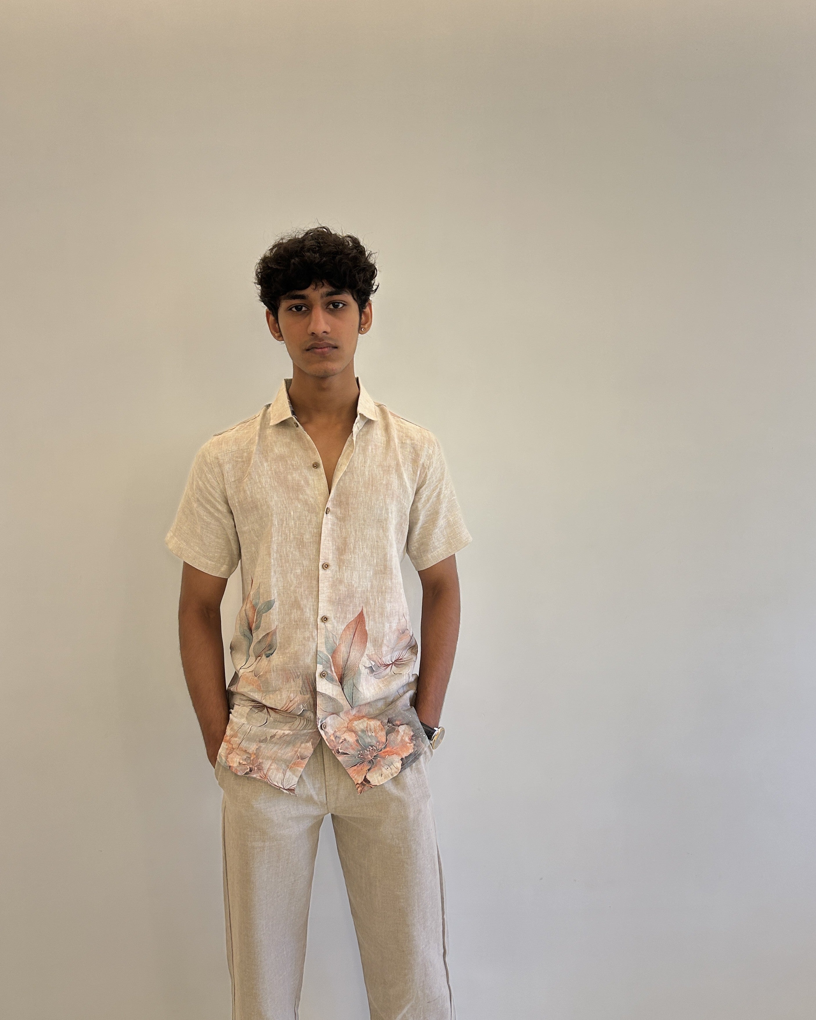 Beige Pure Linen Shirt with Digital Floral Hem Print 