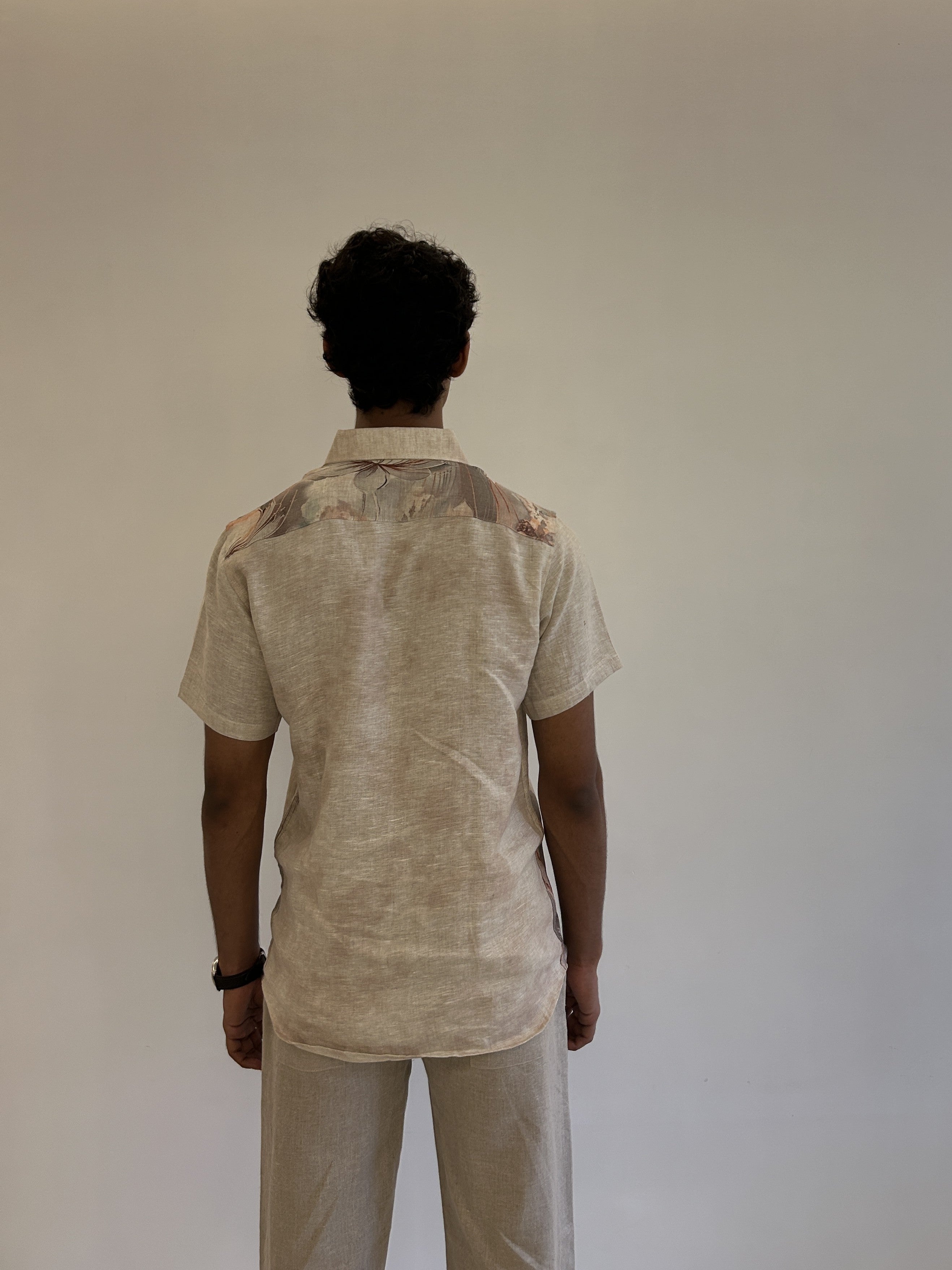 Beige Pure Linen Shirt with Digital Floral Hem Print 