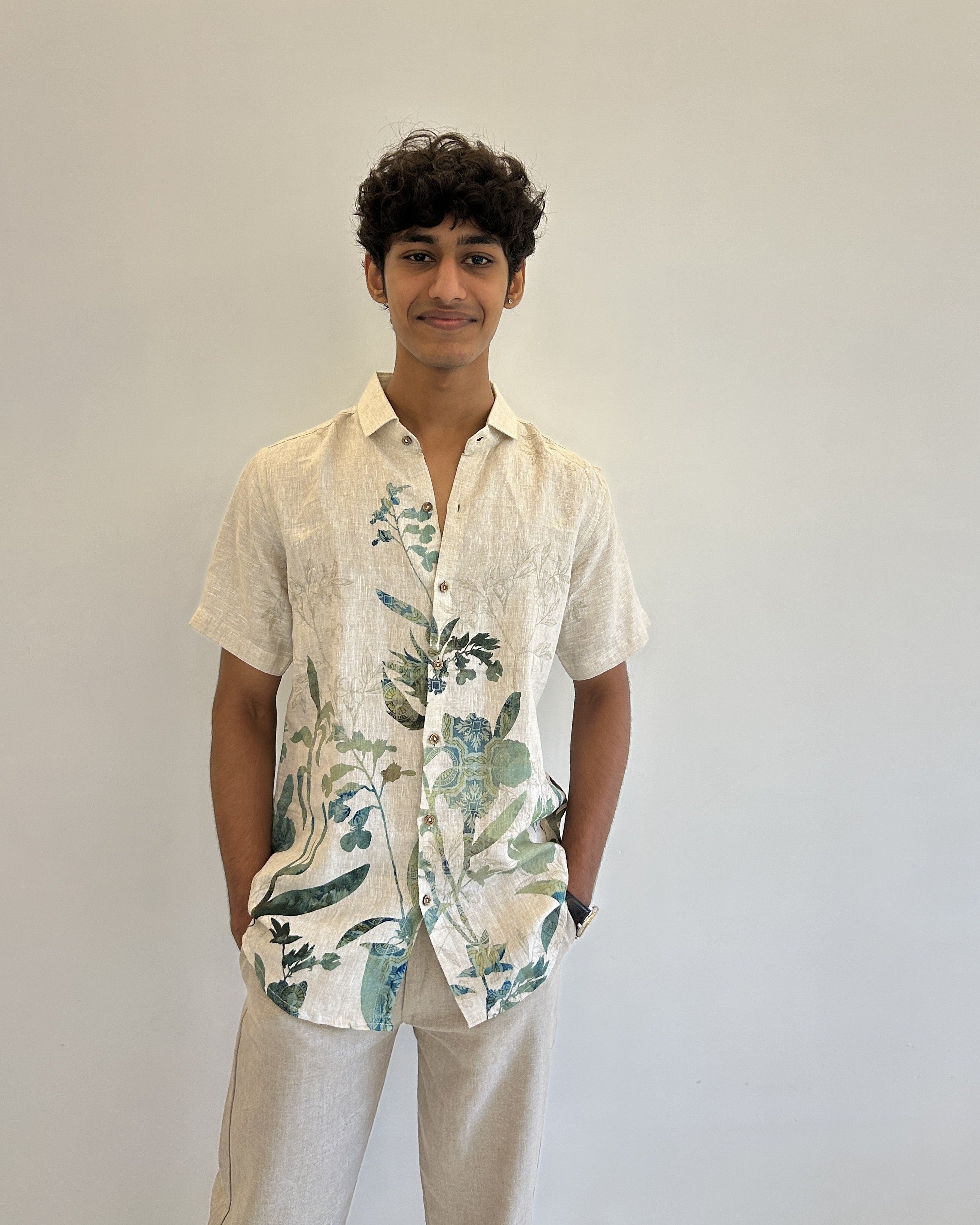 Beige Pure Linen Shirt with Green Botanical Digital Print 