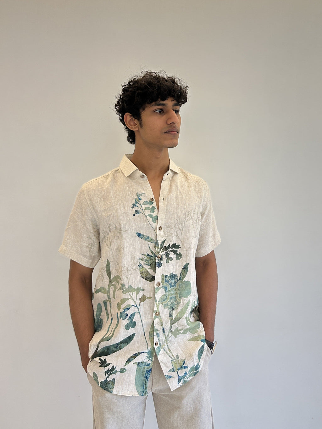Beige Pure Linen Shirt with Green Botanical Digital Print