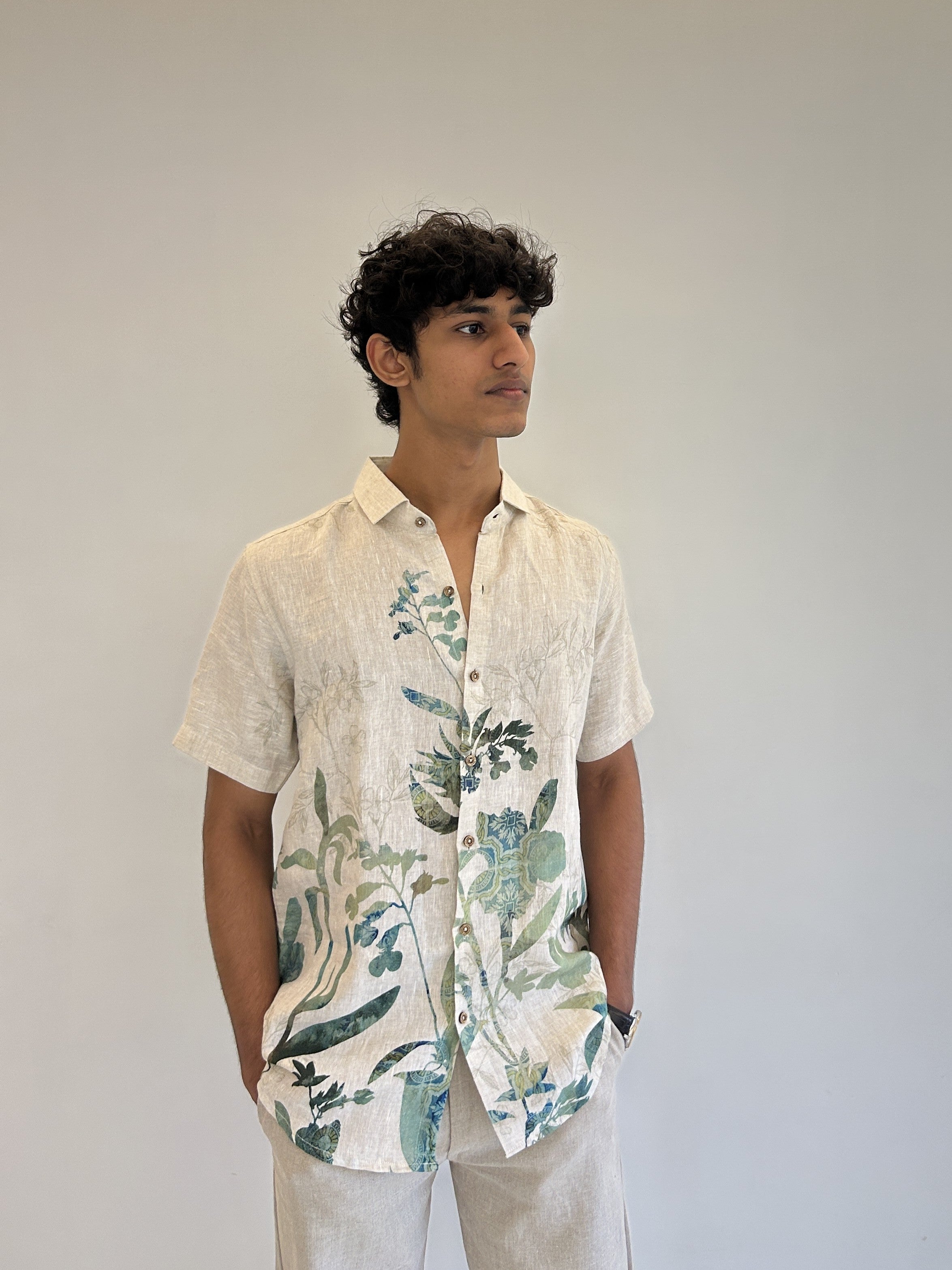 Beige Pure Linen Shirt with Green Botanical Digital Print 