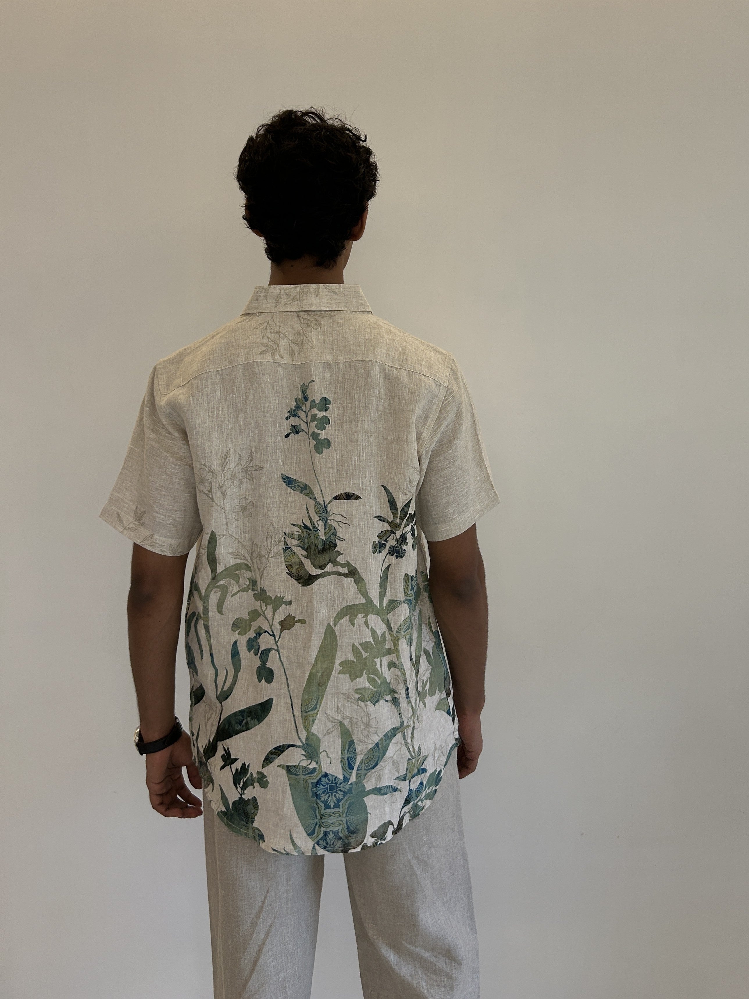 Beige Pure Linen Shirt with Green Botanical Digital Print 