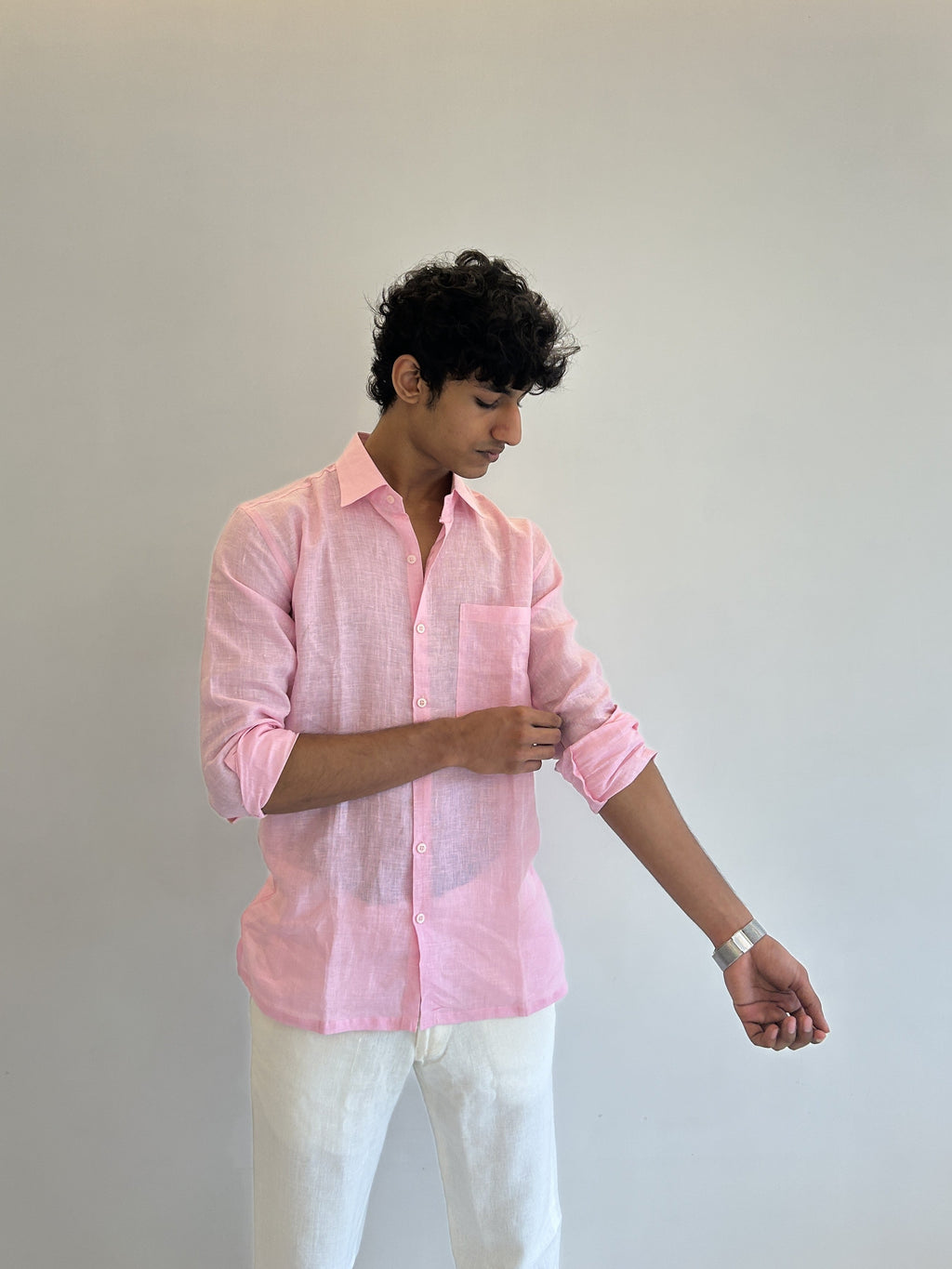 Men's Pure Linen Shirt – Soft Pink Classic with Pocket 