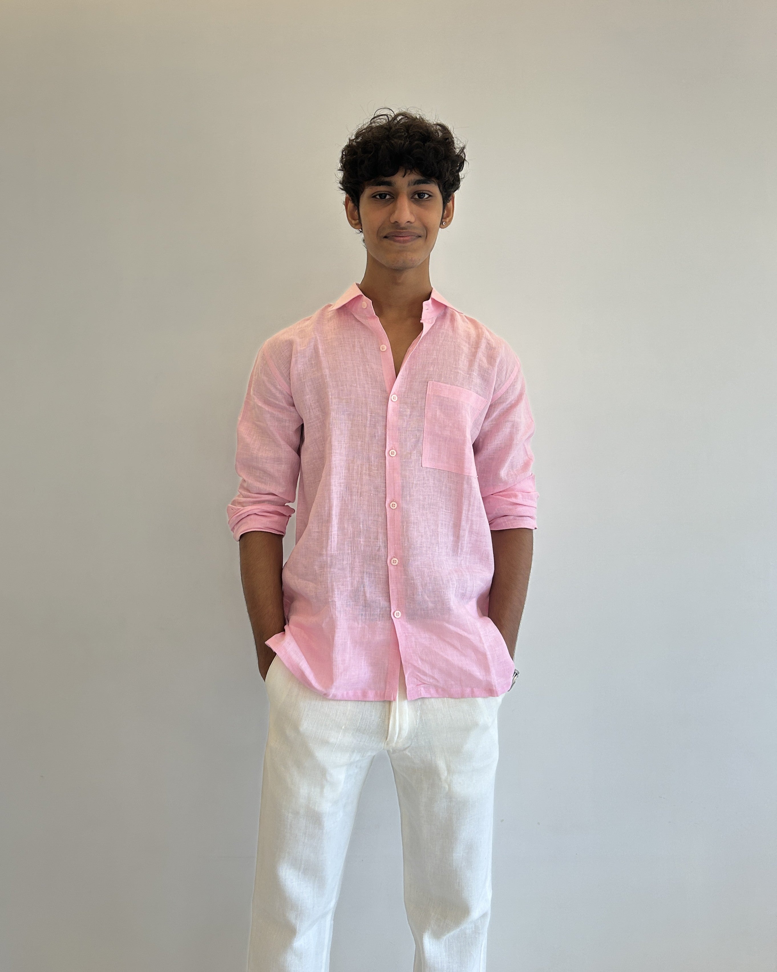 Men's Pure Linen Shirt – Soft Pink Classic with Pocket 
