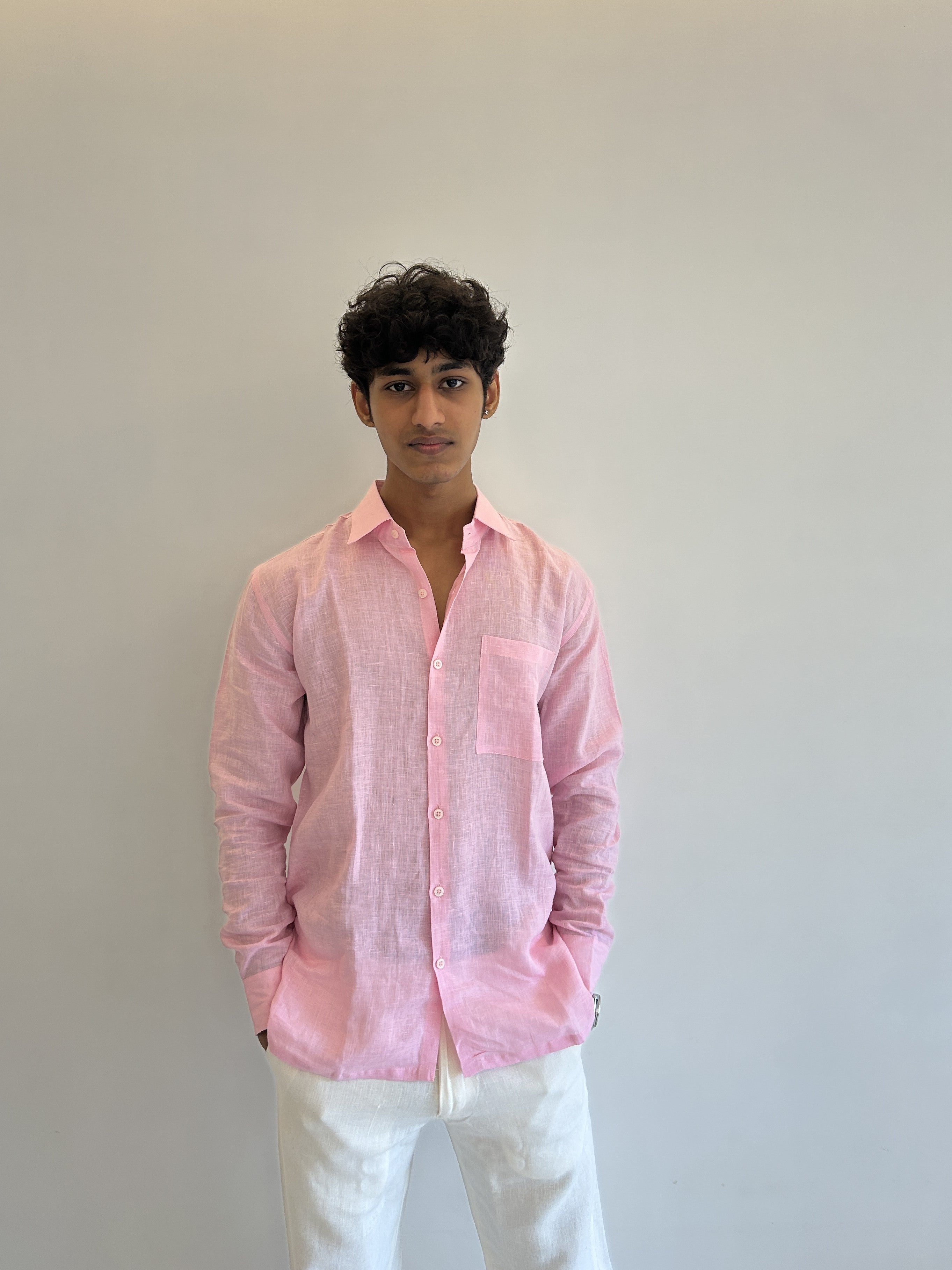 Men's Pure Linen Shirt – Soft Pink Classic with Pocket 