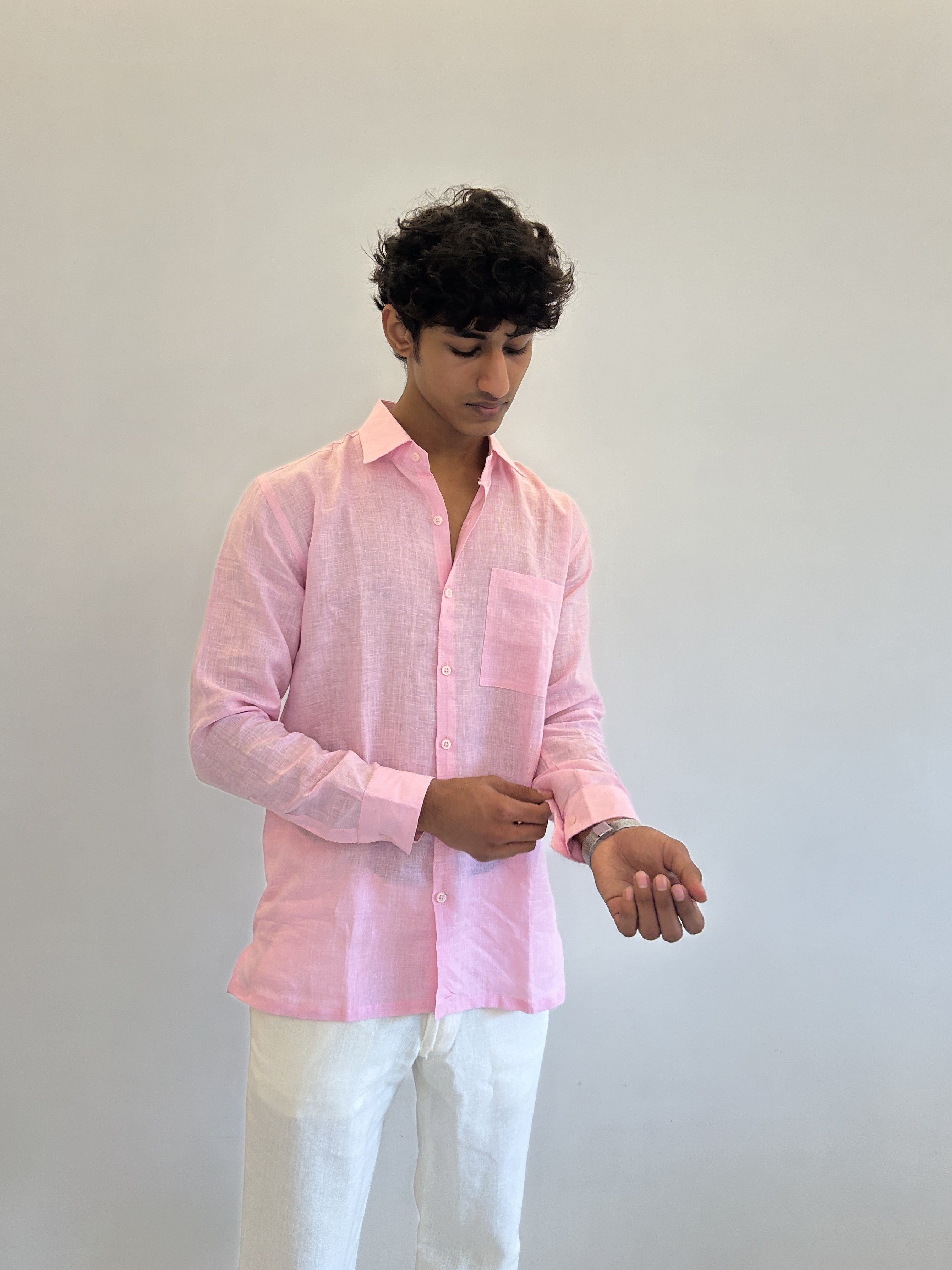 Men's Pure Linen Shirt – Soft Pink Classic with Pocket 