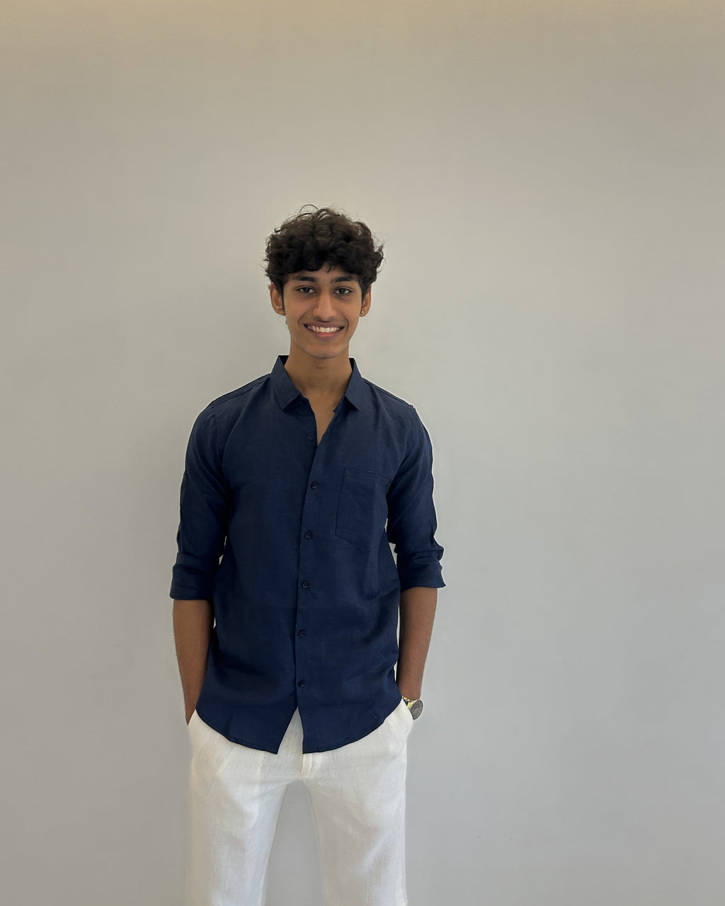 Men's Pure Linen Shirt – Deep Navy Classic with Pocket 