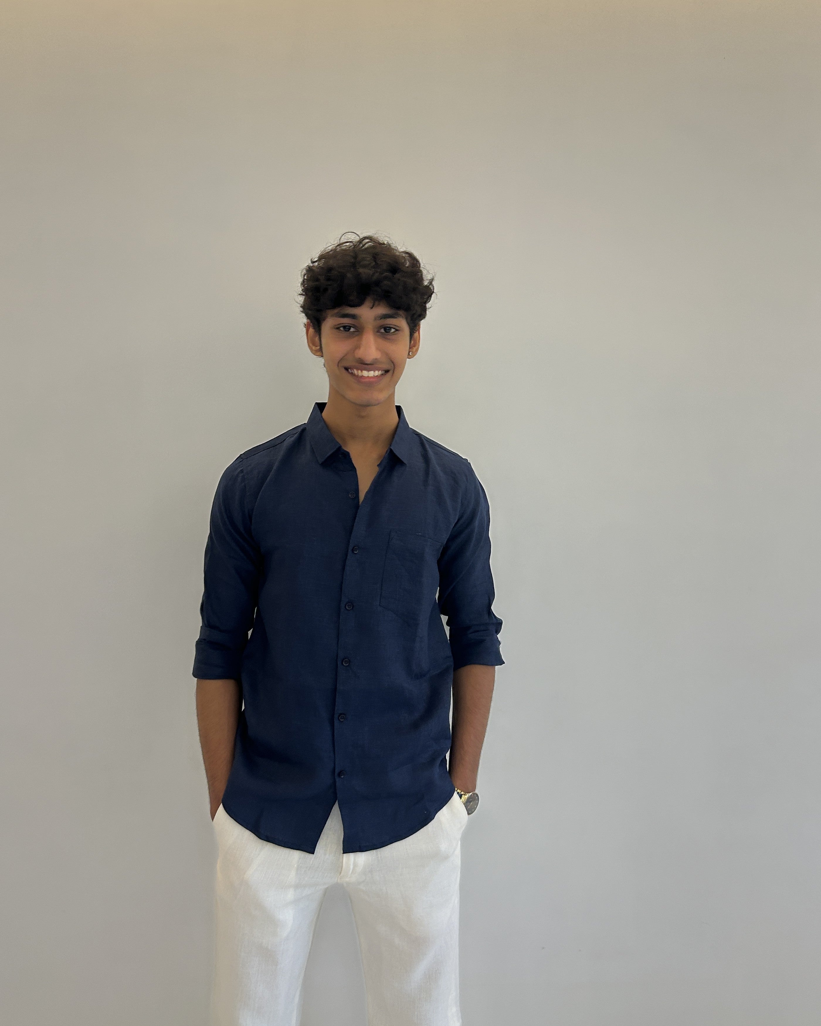 Men's Pure Linen Shirt – Deep Navy Classic with Pocket 