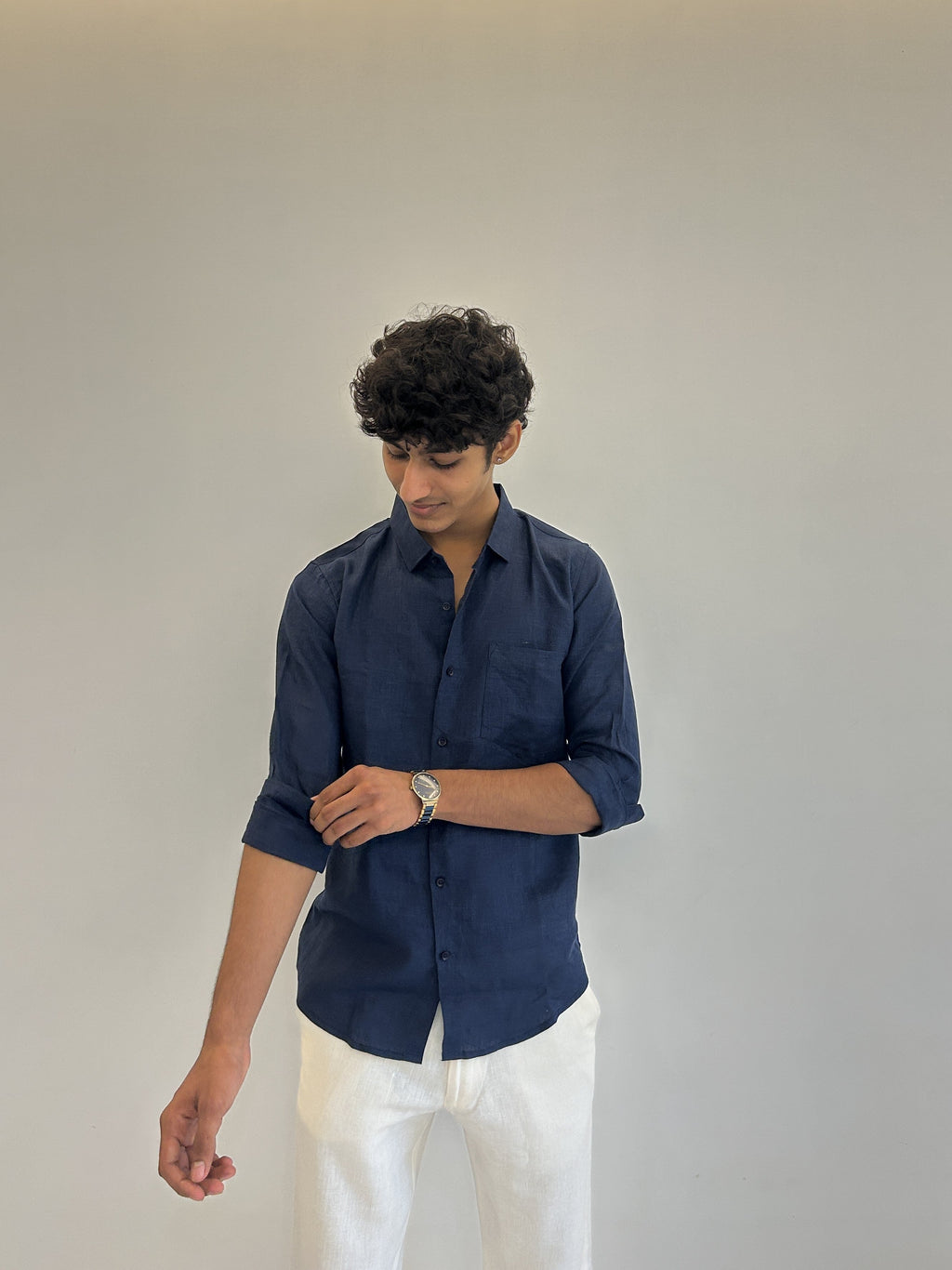 Men's Pure Linen Shirt – Deep Navy Classic with Pocket 
