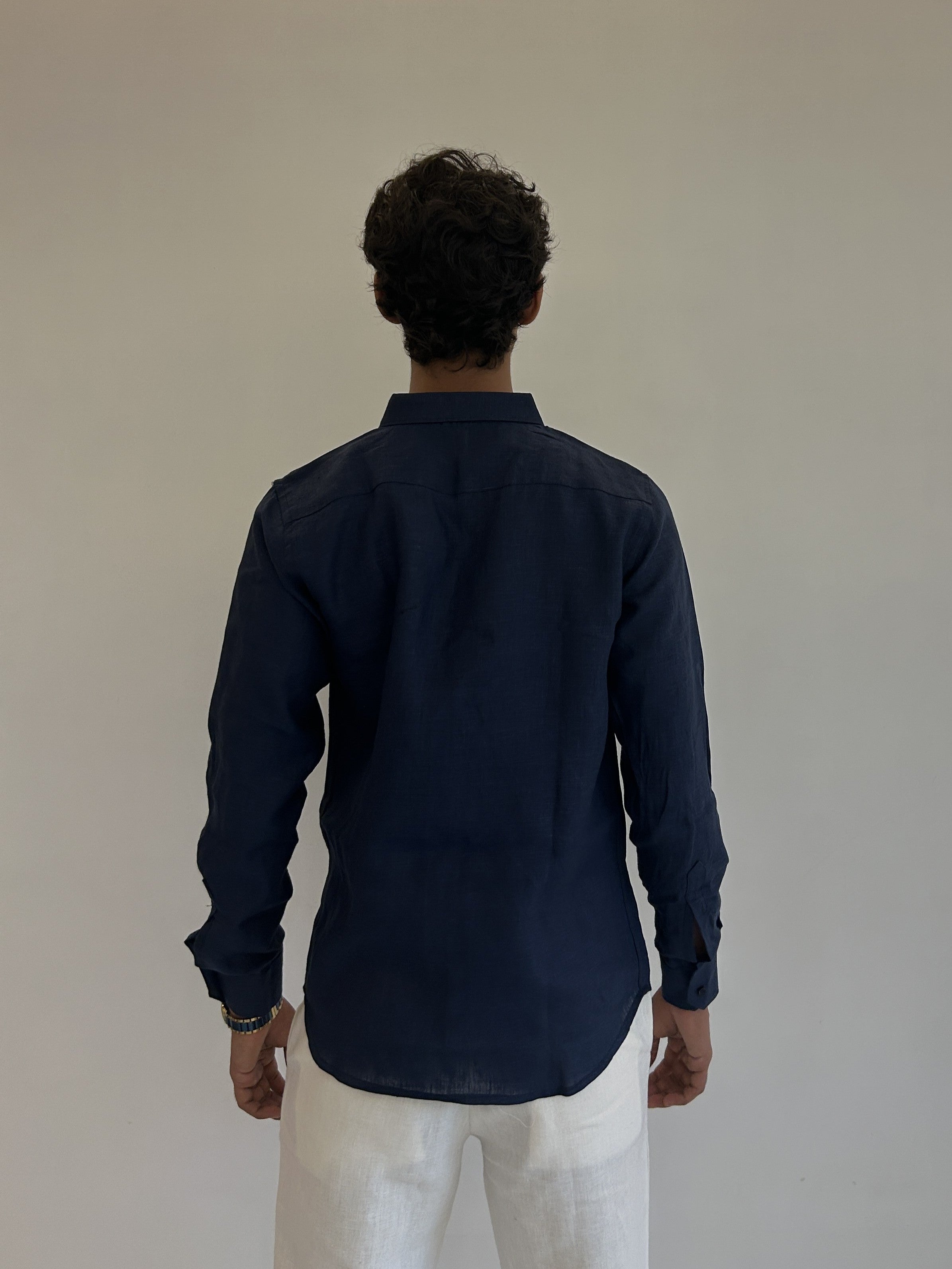 Men's Pure Linen Shirt – Deep Navy Classic with Pocket 