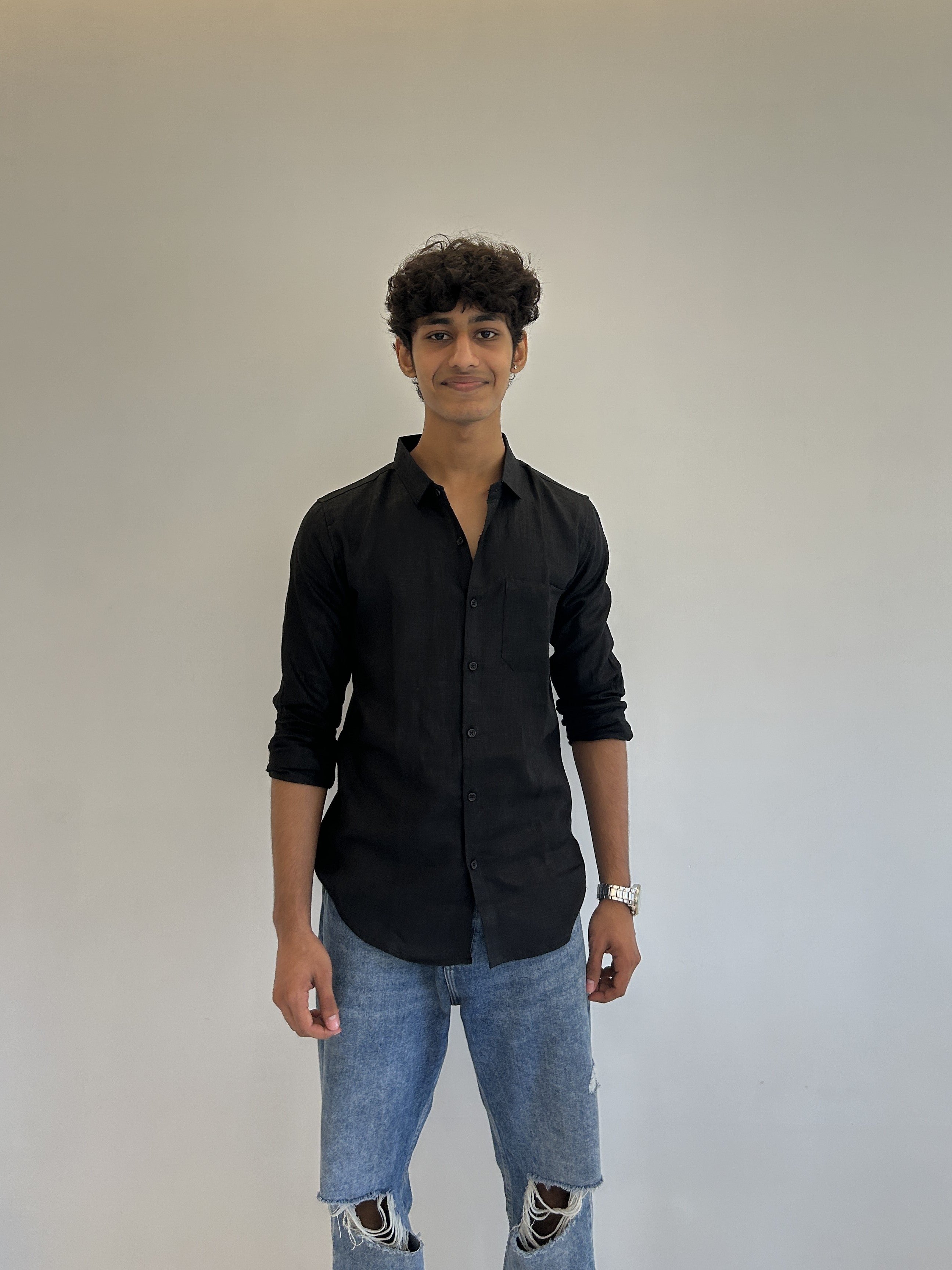 Men's Pure Linen Shirt – Classic Black with Pocket 