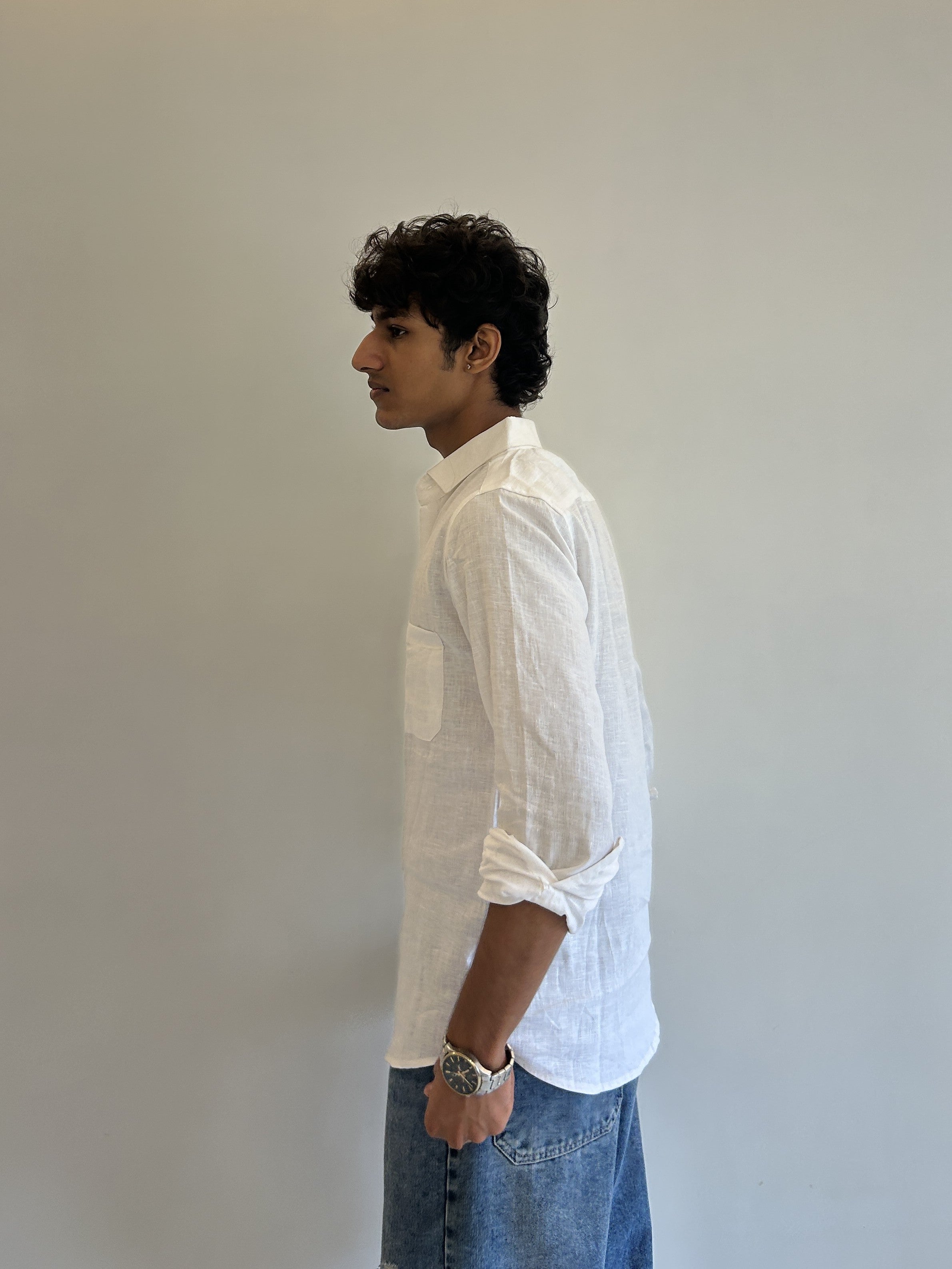 Men's Pure Linen Shirt – Classic White with Pocket 