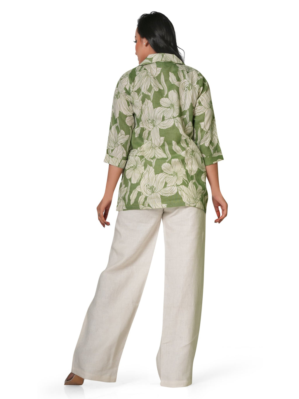 Women's Green Floral Printed Linen Top – V-Neck 3/4 Sleeve 