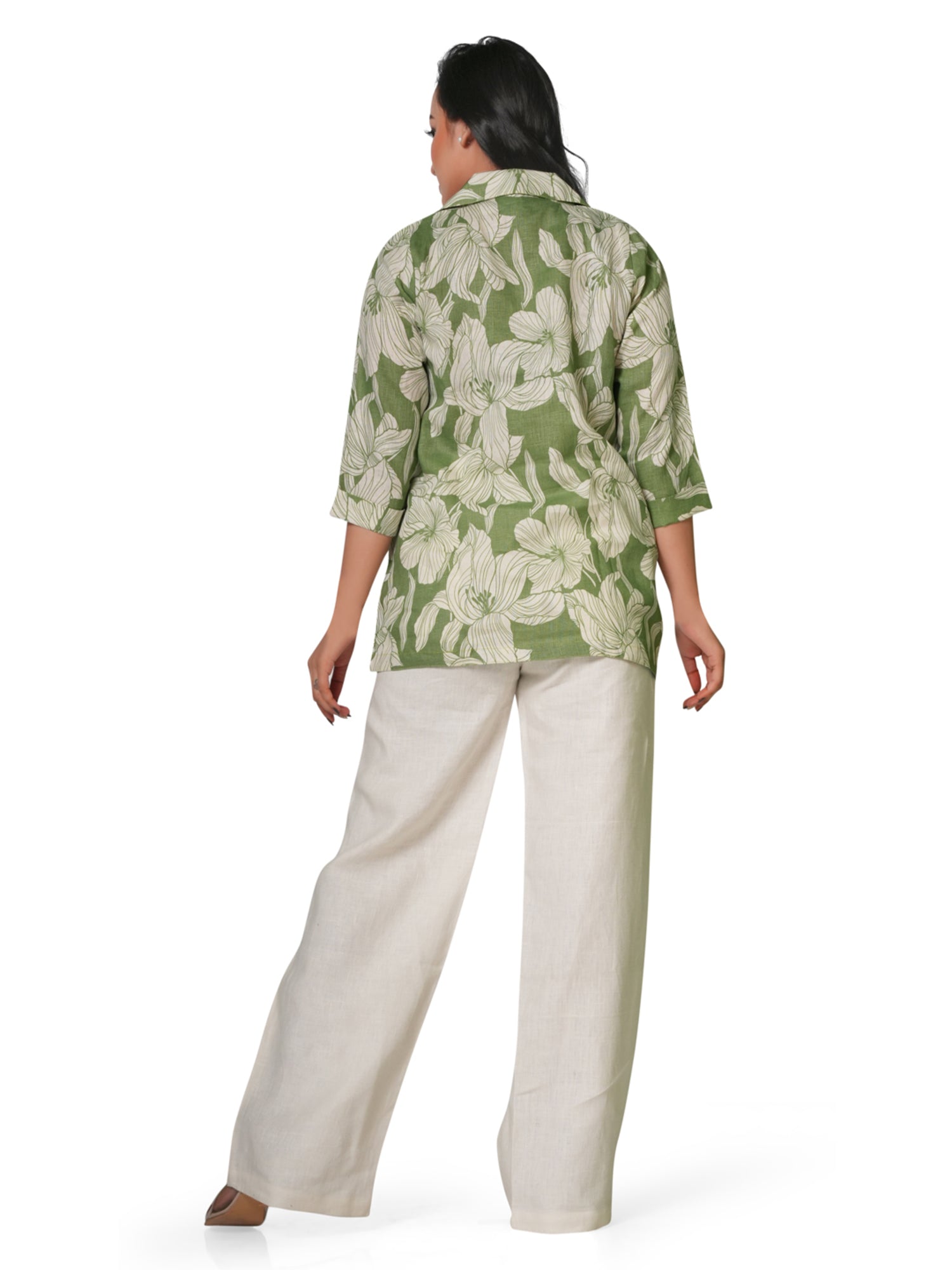 Women's Green Floral Printed Linen Top – V-Neck 3/4 Sleeve 