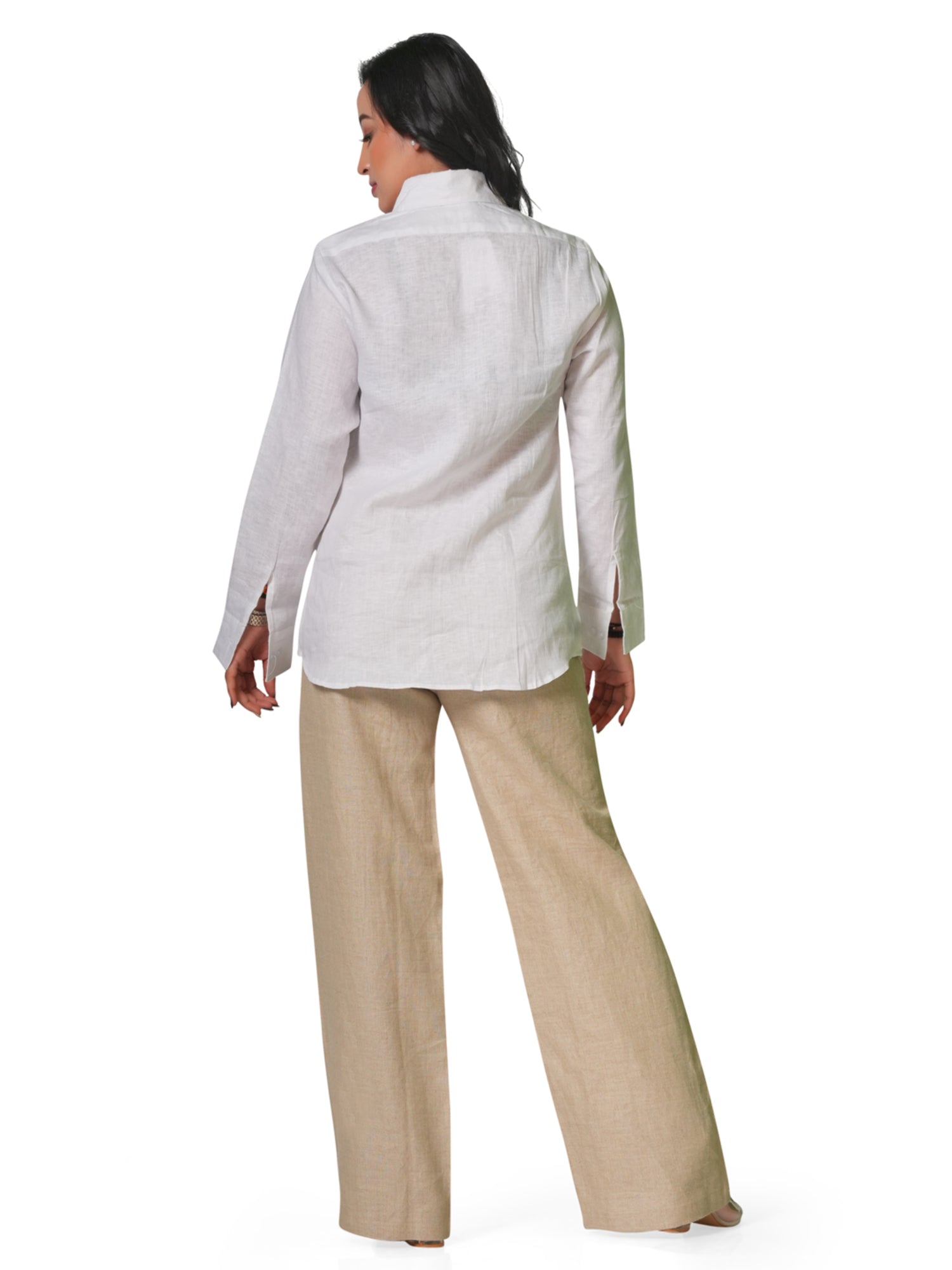 Women's Pure Linen Set – White Shirt & Beige Trousers 