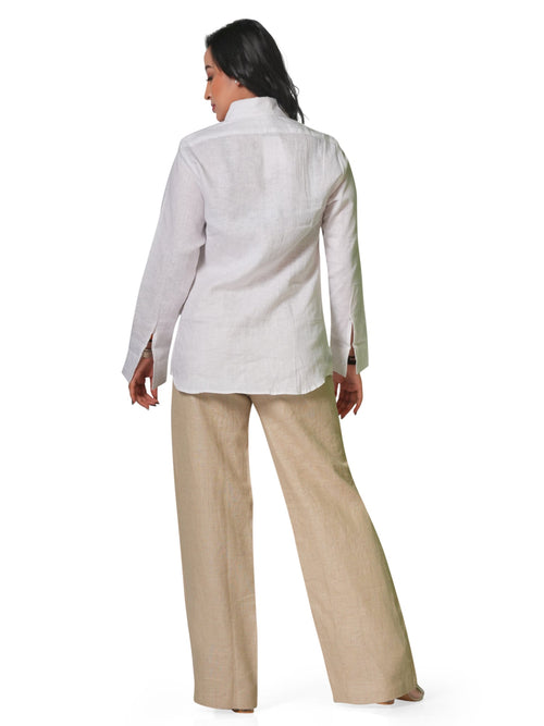 Women's Pure Linen Set – White Shirt & Beige Trousers 
