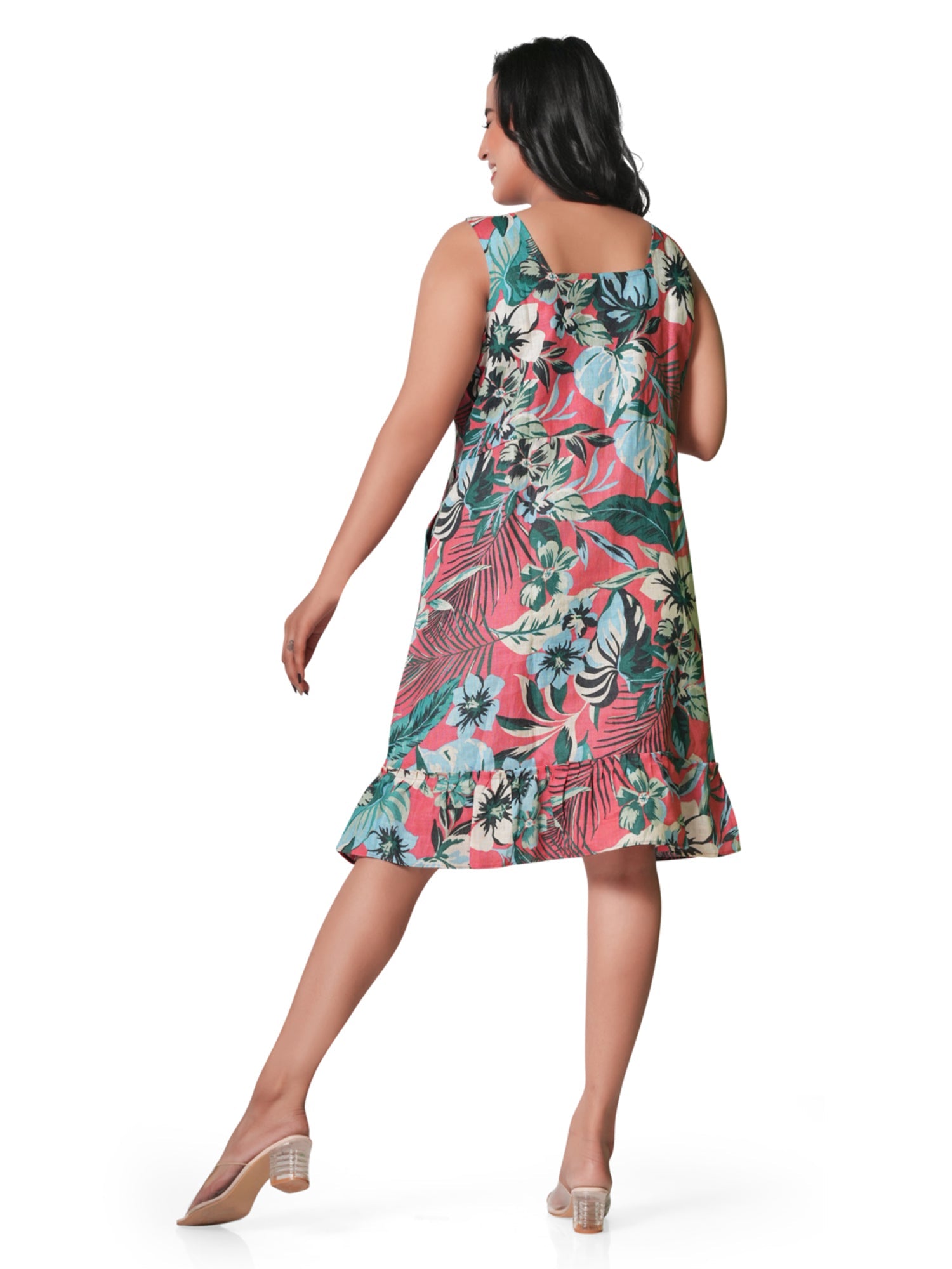 Tropical Coral Floral Sleeveless Linen Dress 