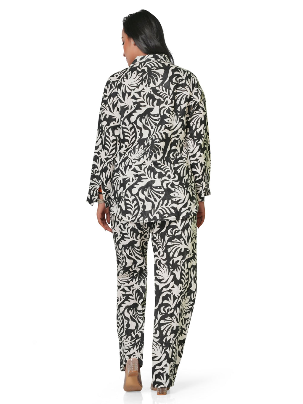 Women's Black & White Leaf Print Linen Co-ord Set – Shirt & Straight Pant 