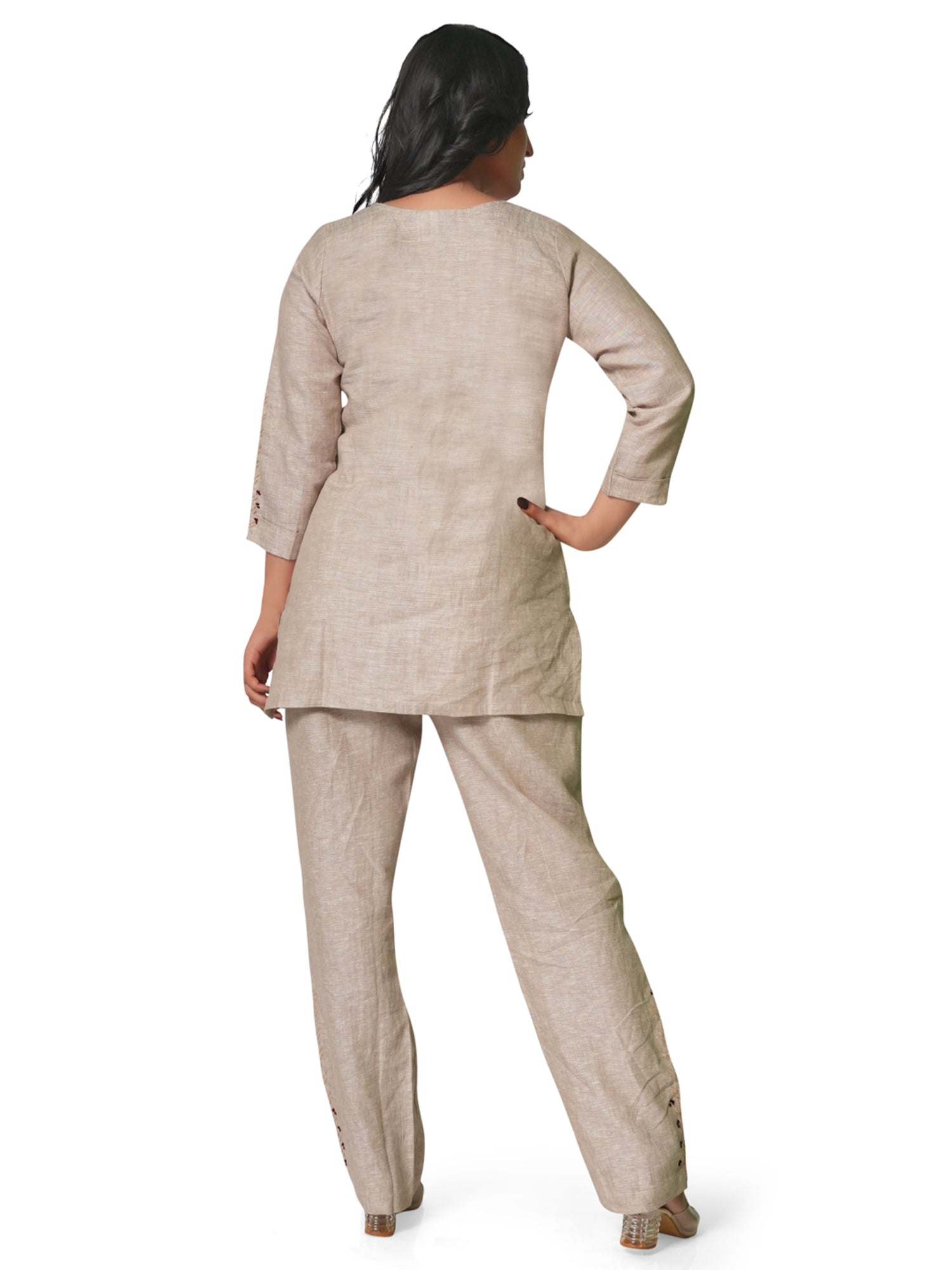 Women's Embroidered Pure Linen Co-ord Set – Beige Kurta & Straight Pants 