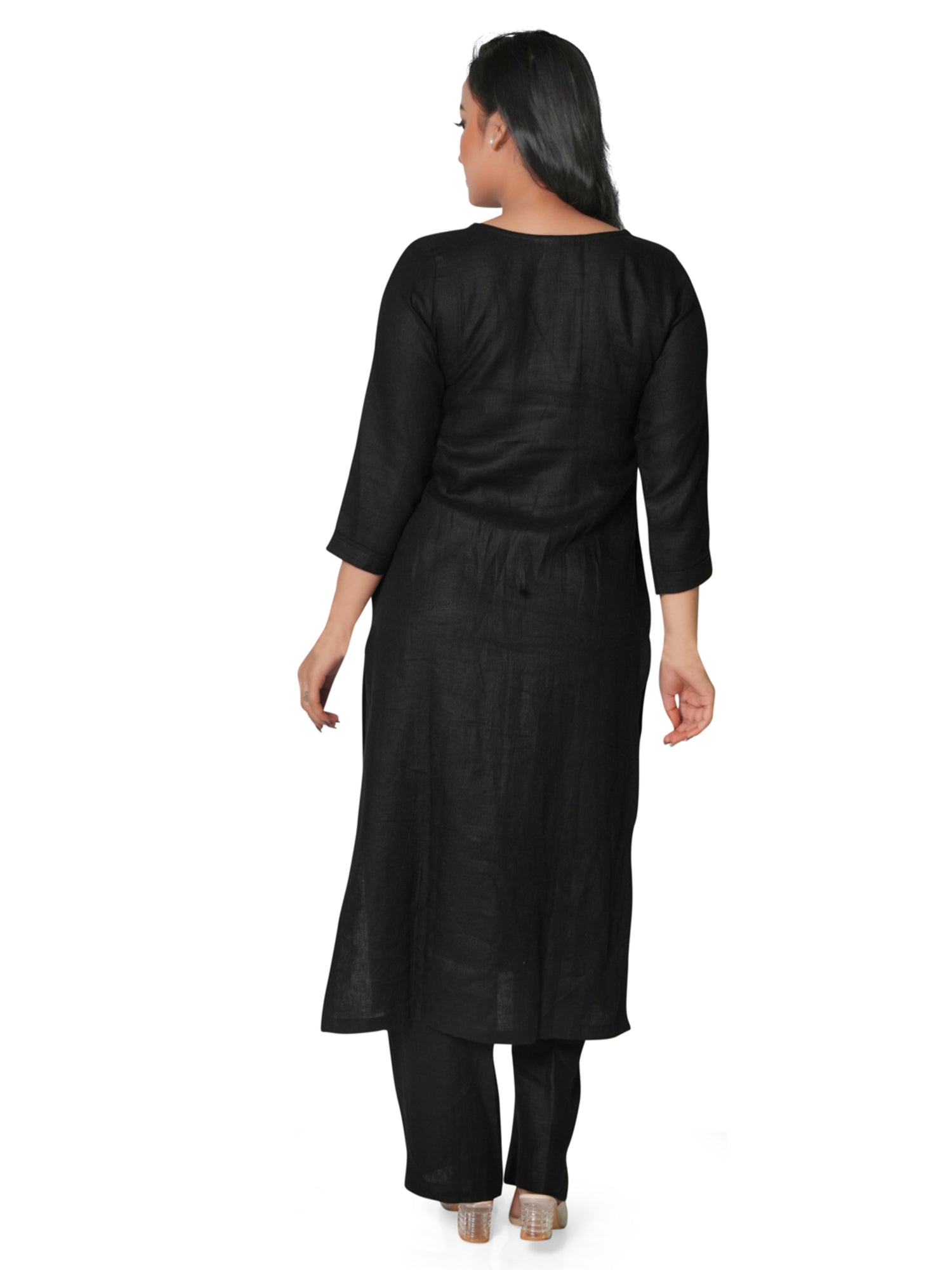 Solid Black Pure Linen Kurta Pant Co-Ord Set for Women 