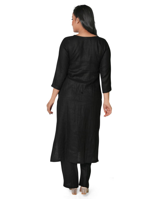 Solid Black Pure Linen Kurta Pant Co-Ord Set for Women 