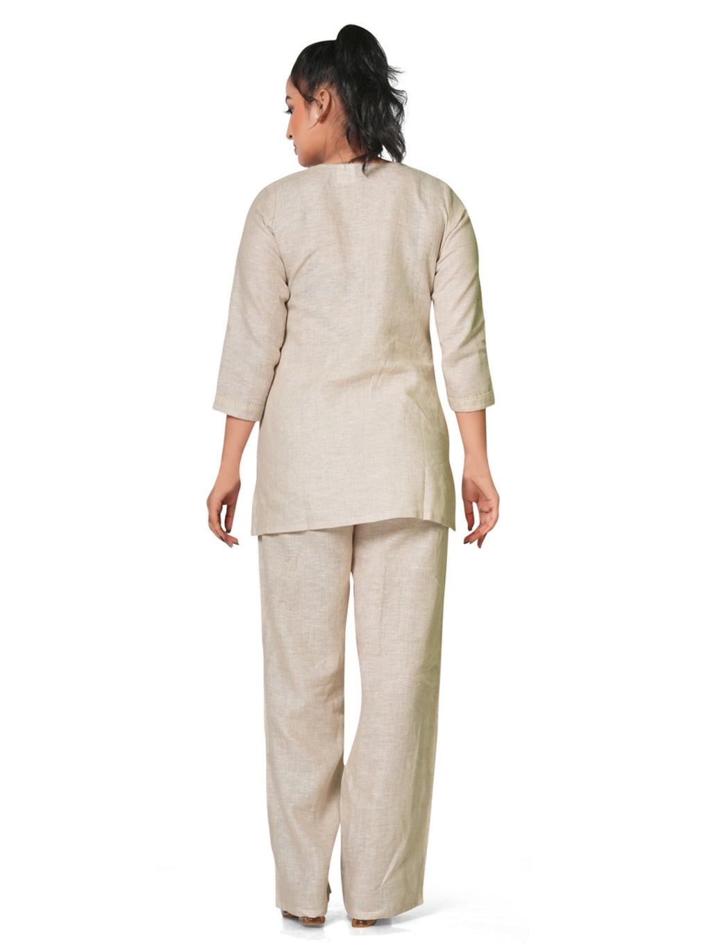 Asymmetric Neck Pure Linen Co-Ord Set in Beige 