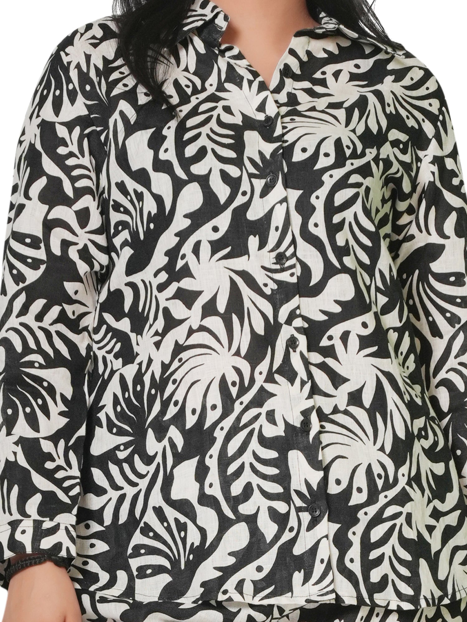 Women's Black & White Leaf Print Linen Co-ord Set – Shirt & Straight Pant 