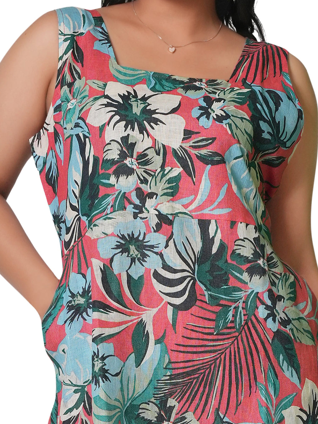 Tropical Coral Floral Sleeveless Linen Dress 