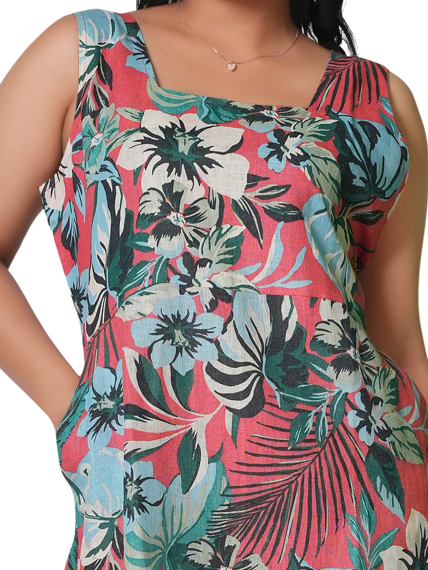 Tropical Coral Floral Sleeveless Linen Dress 