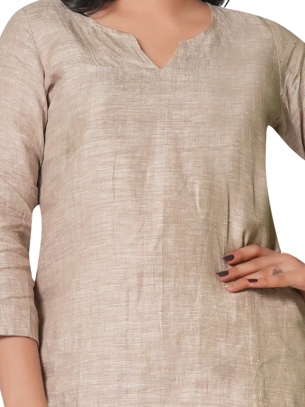 Women's Embroidered Pure Linen Co-ord Set – Beige Kurta & Straight Pants 