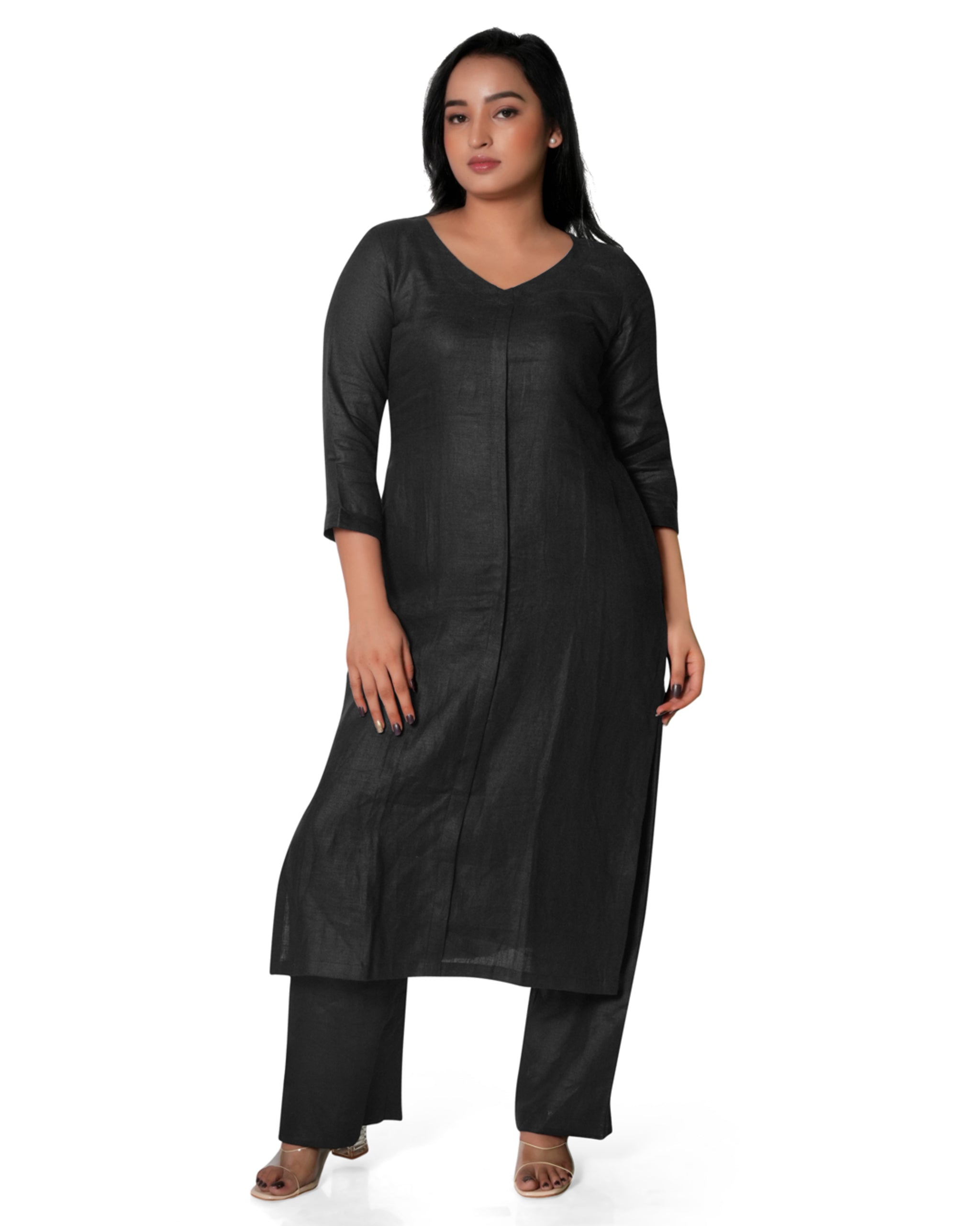 Solid Black Pure Linen Kurta Pant Co-Ord Set for Women 