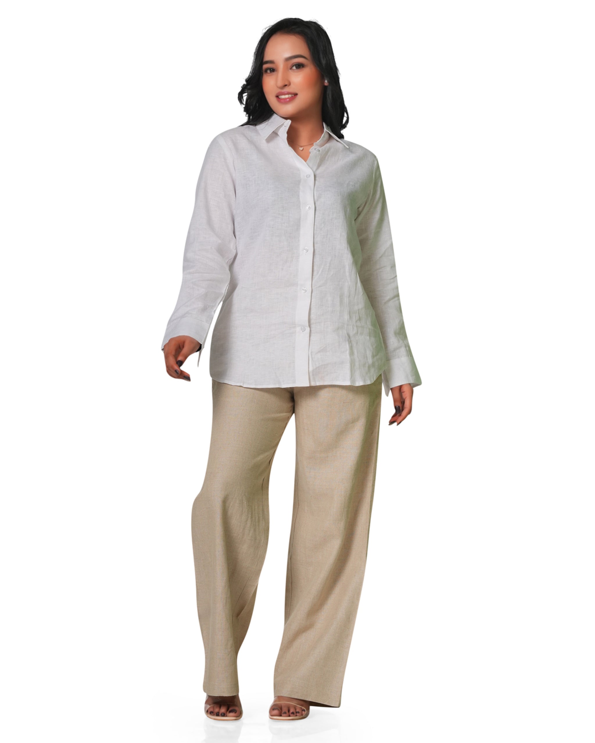 Women's Pure Linen Set – White Shirt & Beige Trousers 