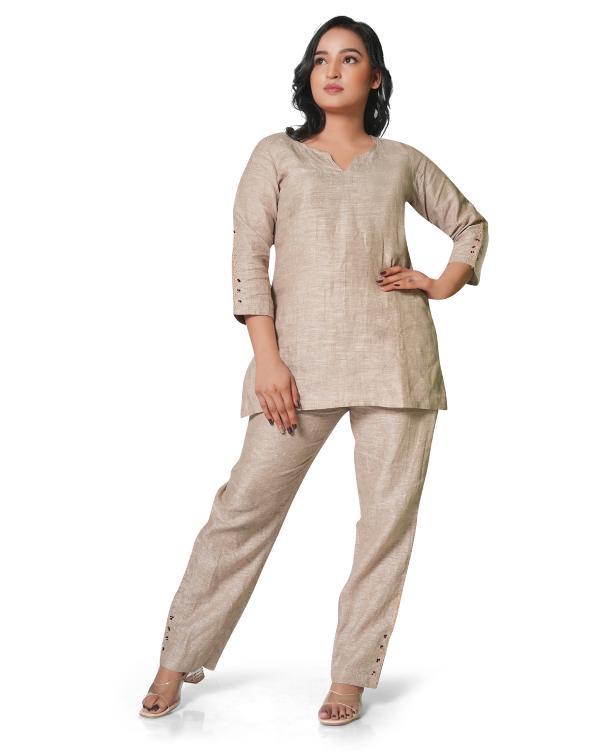 Women's Embroidered Pure Linen Co-ord Set – Beige Kurta & Straight Pants 