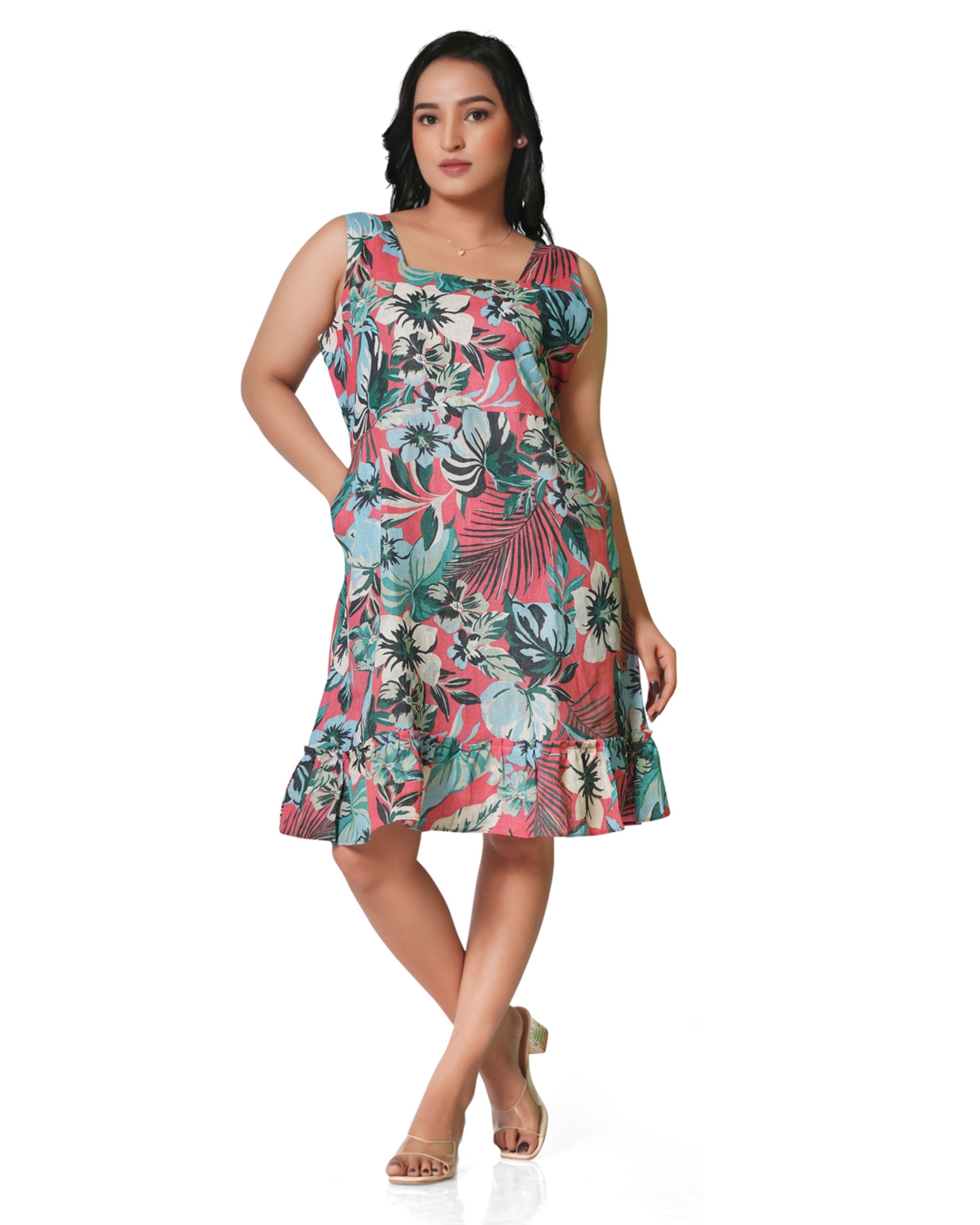 Tropical Coral Floral Sleeveless Linen Dress 