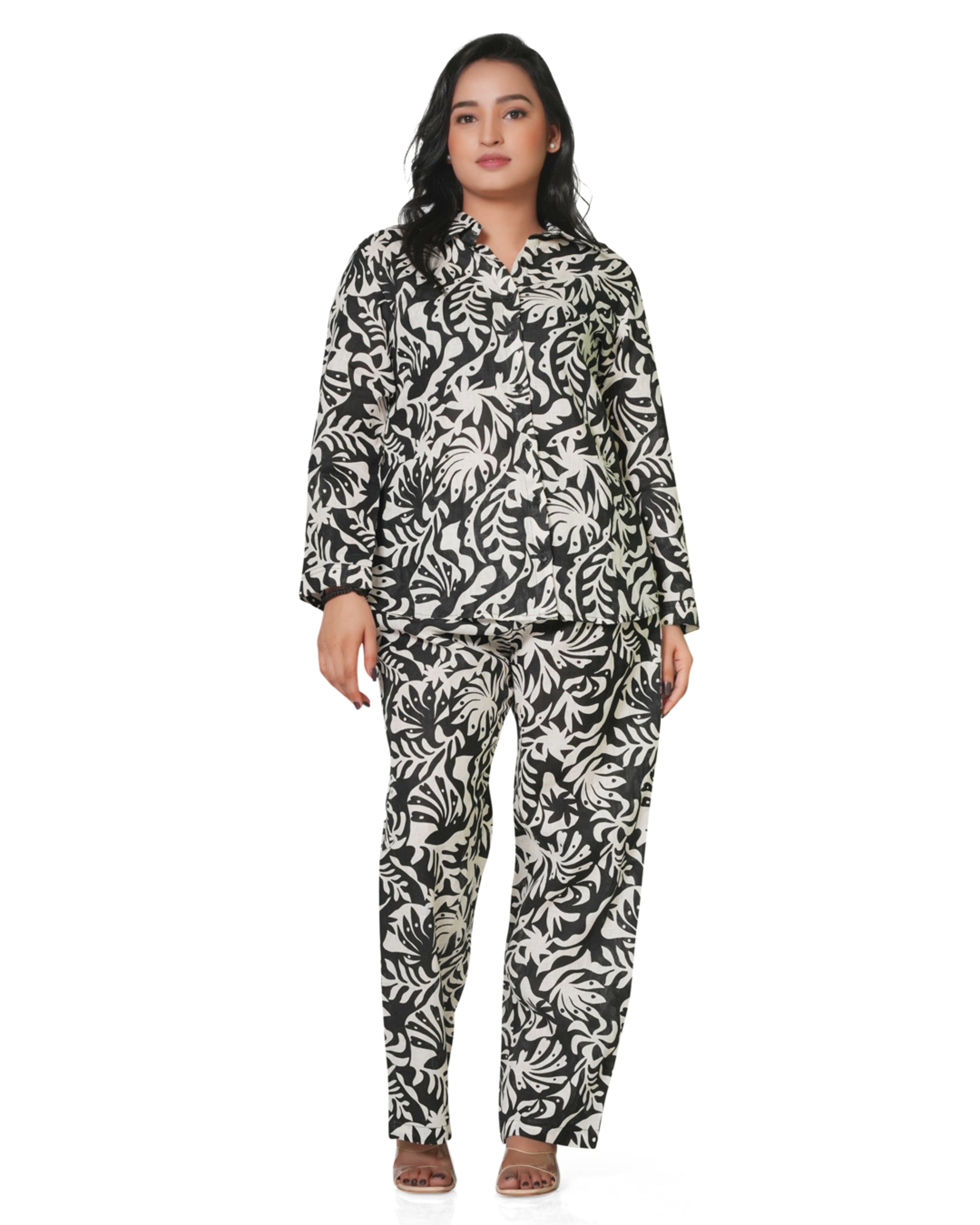 Women's Black & White Leaf Print Linen Co-ord Set – Shirt & Straight Pant 