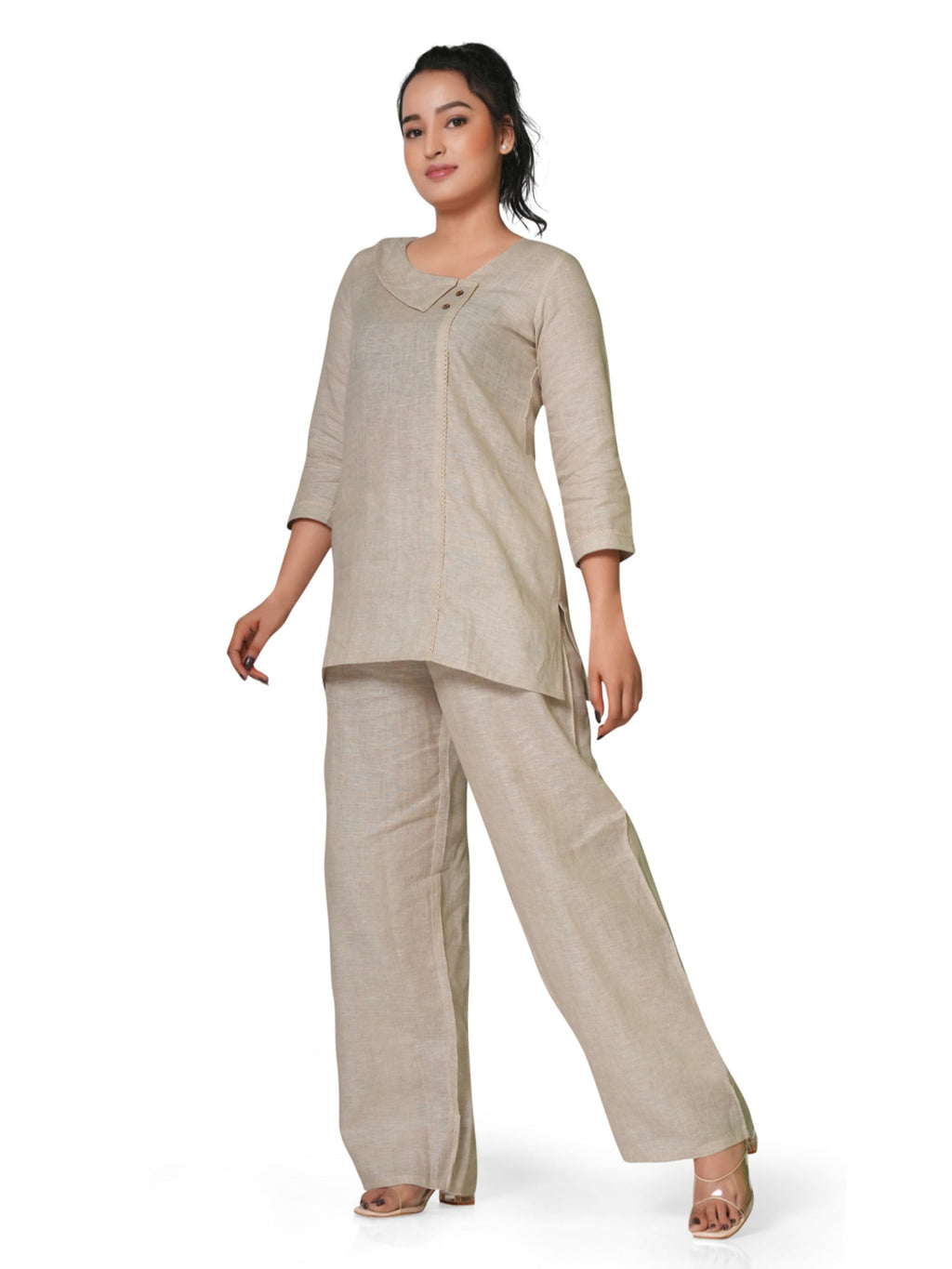 Asymmetric Neck Pure Linen Co-Ord Set in Beige 