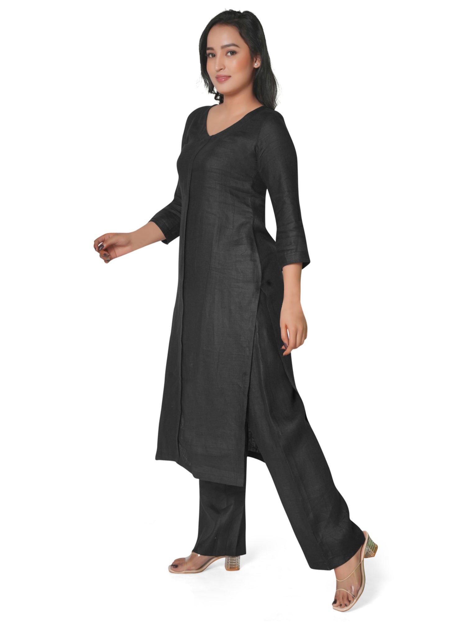 Solid Black Pure Linen Kurta Pant Co-Ord Set for Women 