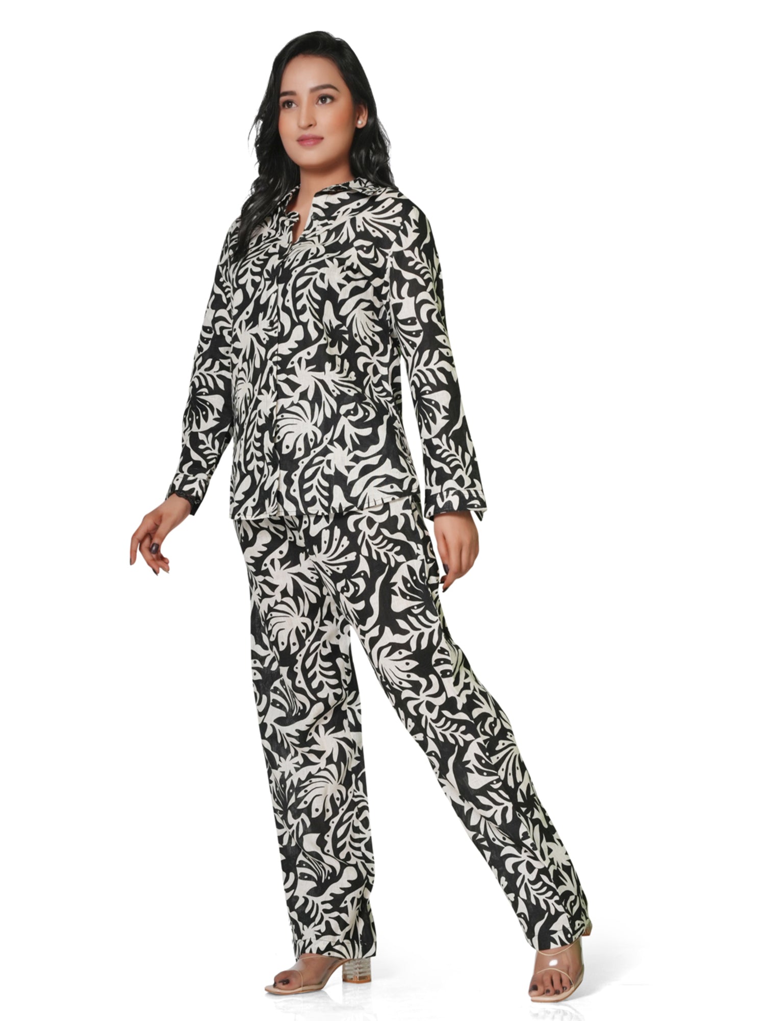 Women's Black & White Leaf Print Linen Co-ord Set – Shirt & Straight Pant 