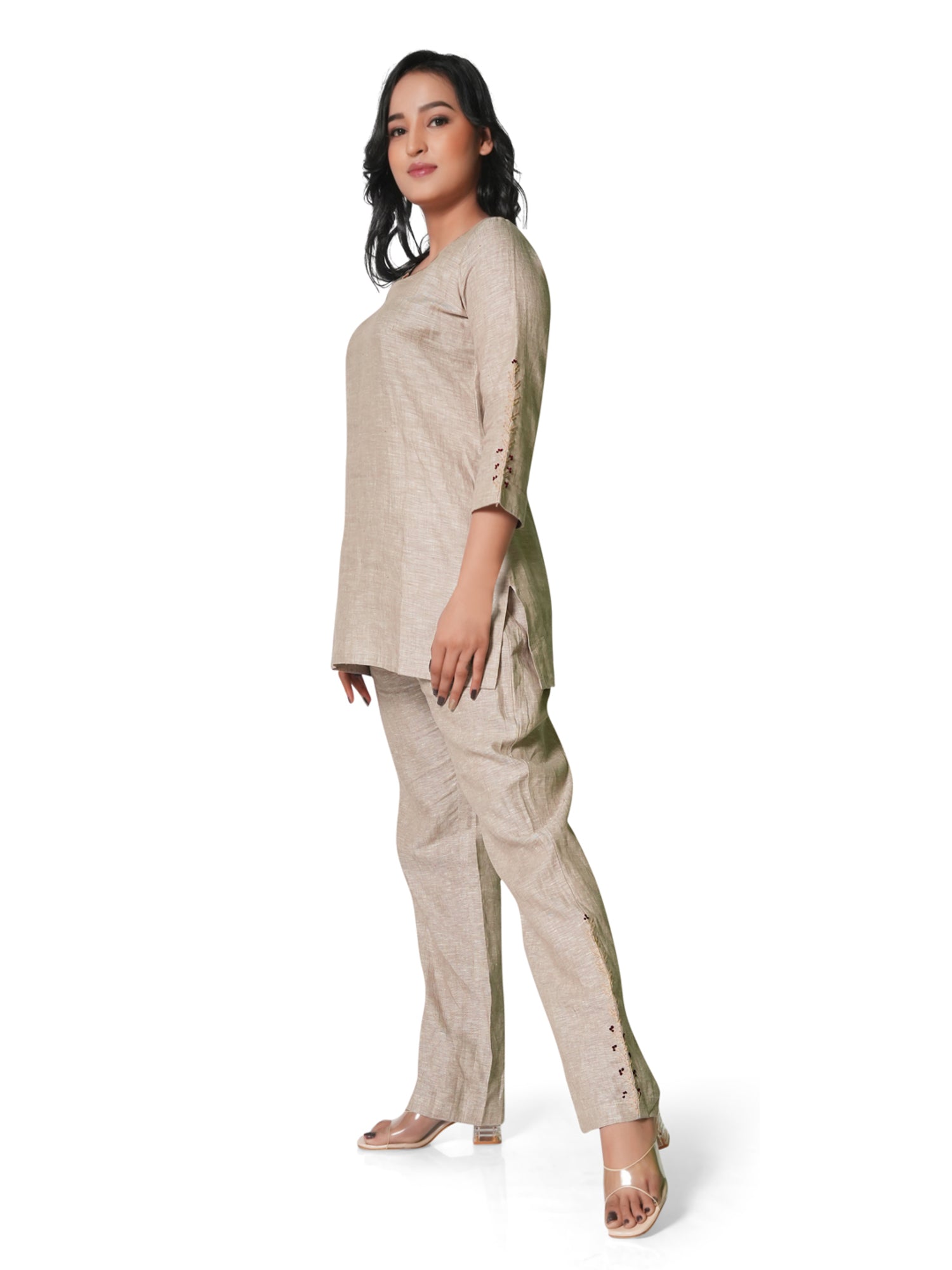 Women's Embroidered Pure Linen Co-ord Set – Beige Kurta & Straight Pants 