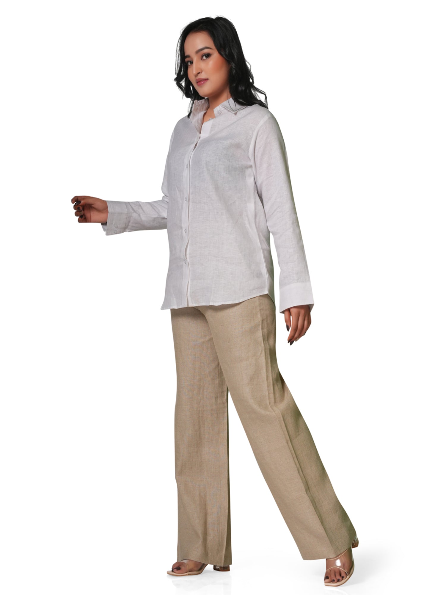 Women's Pure Linen Set – White Shirt & Beige Trousers 