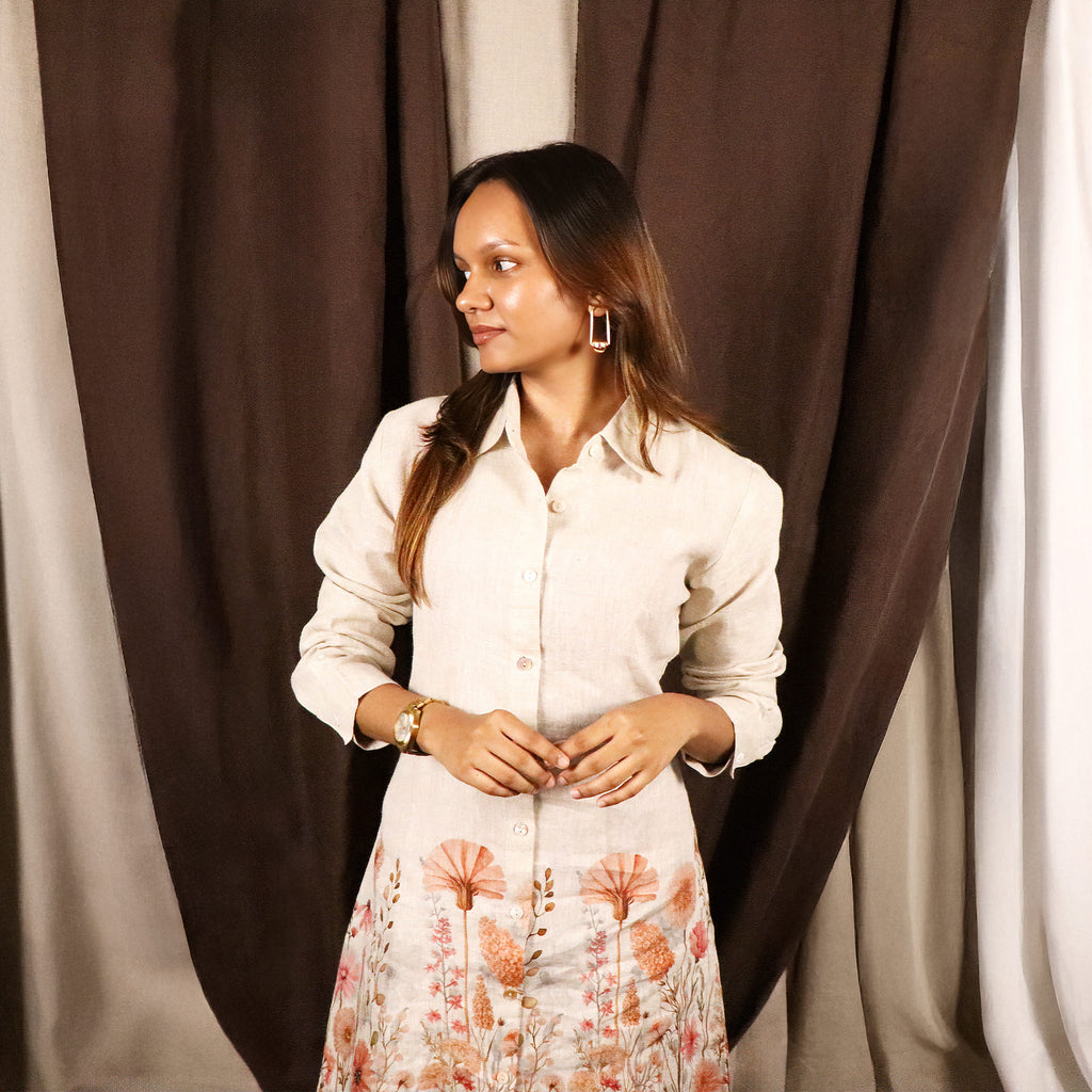 Close-up of printed linen fabric on a women’s shirt dress