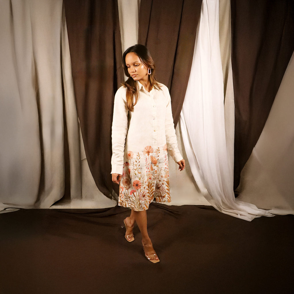 Women wearing a printed linen shirt dress made from 100% pure linen