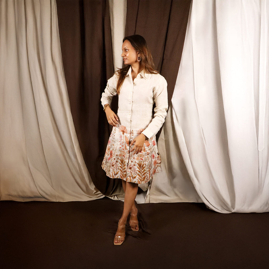 Lightweight printed linen shirt dress for women styled for everyday wear