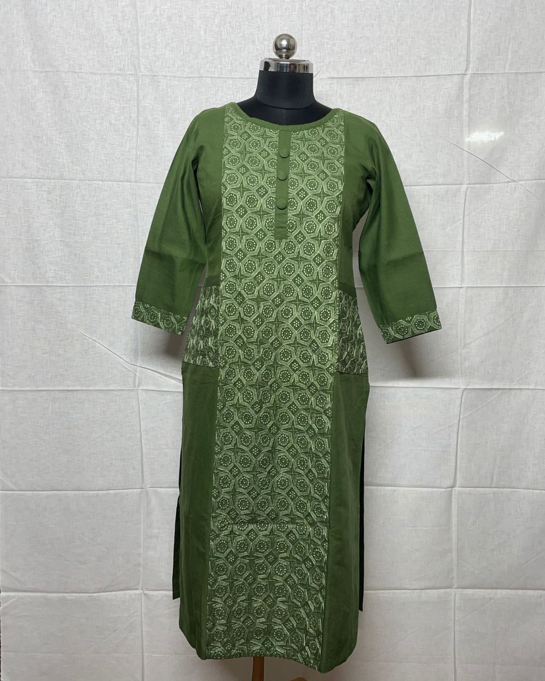 Olive Embroided Pure Linen Kurti